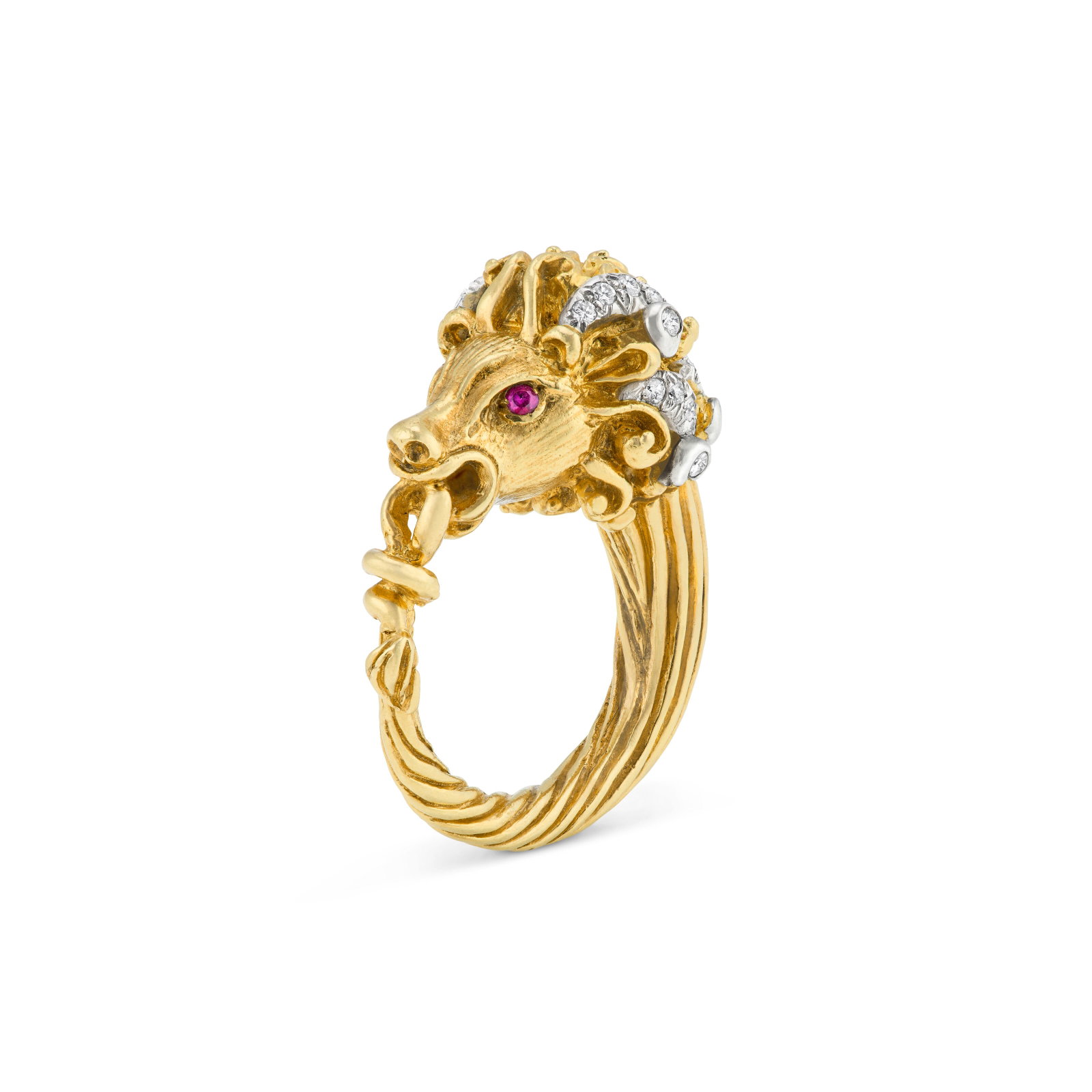 TIFFANY & CO. DIAMOND, RUBY AND GOLD RAM SCARF RING: TIFFANY & CO. DIAMOND, RUBY AND GOLD RAM SCARF RING Details Designed as a ram, round diamonds and rubies, 18k yellow and white gold, circa 1960, signed Tiffany Size/Dimensions: 3.8 cm (11⁄2 in)