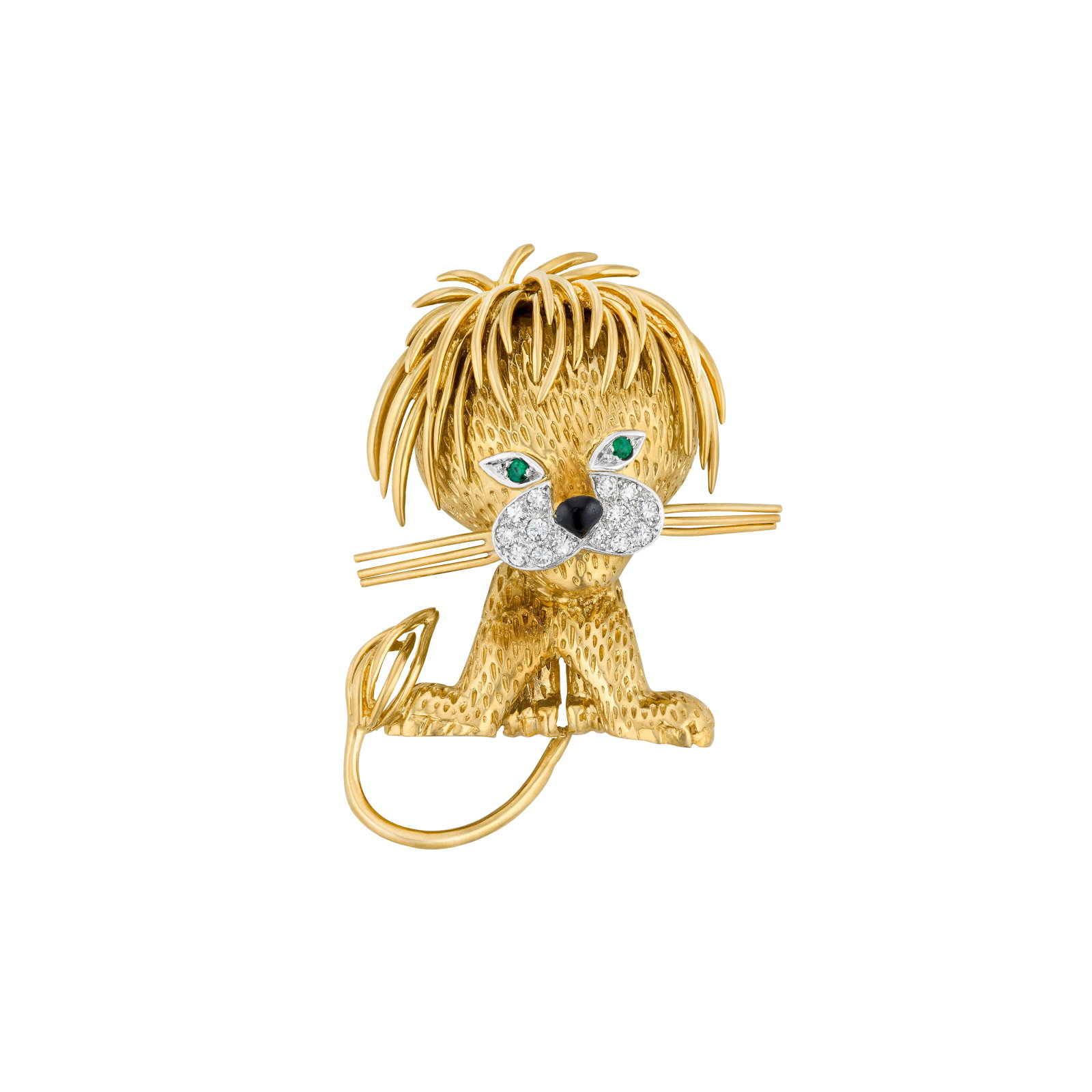 VAN CLEEF & ARPELS EMERALD, DIAMOND AND ENAMEL 'LION ÉBOURIFFÉ' BROOCH: VAN CLEEF & ARPELS EMERALD, DIAMOND AND ENAMEL 'LION ÉBOURIFFÉ' BROOCH Details Round emeralds and diamonds, black enamel, 18k yellow gold (French marks), circa 1960, signed Van Cleef &