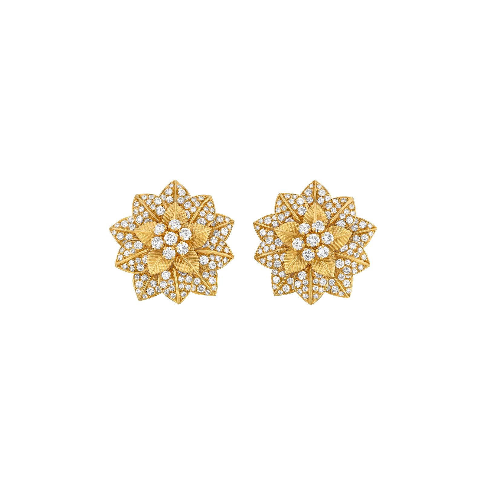 VAN CLEEF & ARPELS DIAMOND AND GOLD ‘LOTUS’ EARRINGS: VAN CLEEF & ARPELS DIAMOND AND GOLD ‘LOTUS’ EARRINGS Details Round diamonds, 18k yellow gold (French marks), circa 1970, signed Van Cleef & Arpels, maker’s mark, numbered Diamonds: