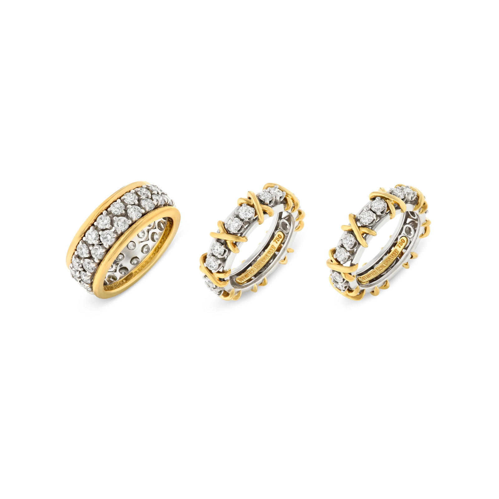 TIFFANY & CO., JEAN SCHLUMBERGER PAIR OF DIAMOND AND GOLD 'SIXTEEN STONE' RINGS AND TIFFANY & CO.: TIFFANY & CO., JEAN SCHLUMBERGER PAIR OF DIAMOND AND GOLD 'SIXTEEN STONE' RINGS AND TIFFANY & CO. DIAMOND AND GOLD BAND RING Details Round diamonds, 18k yellow gold and platinum, two each signed