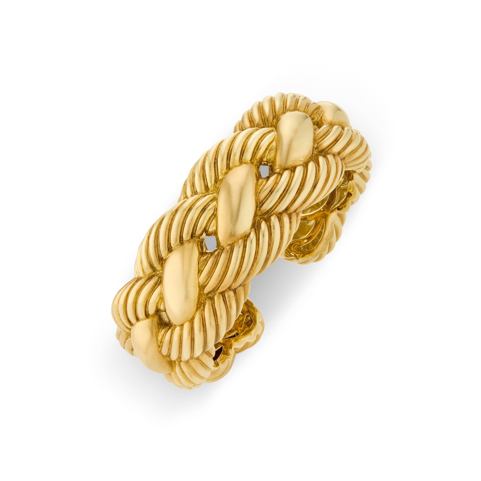 DAVID YURMAN GOLD ‘WIDE WOVEN CABLE’ CUFF BRACELET: DAVID YURMAN GOLD ‘WIDE WOVEN CABLE’ CUFF BRACELET Details 18k yellow gold and stainless steel (inner hinge mechanism only), signed David Yurman Size/Dimensions: inner diameter 6.0 cm
