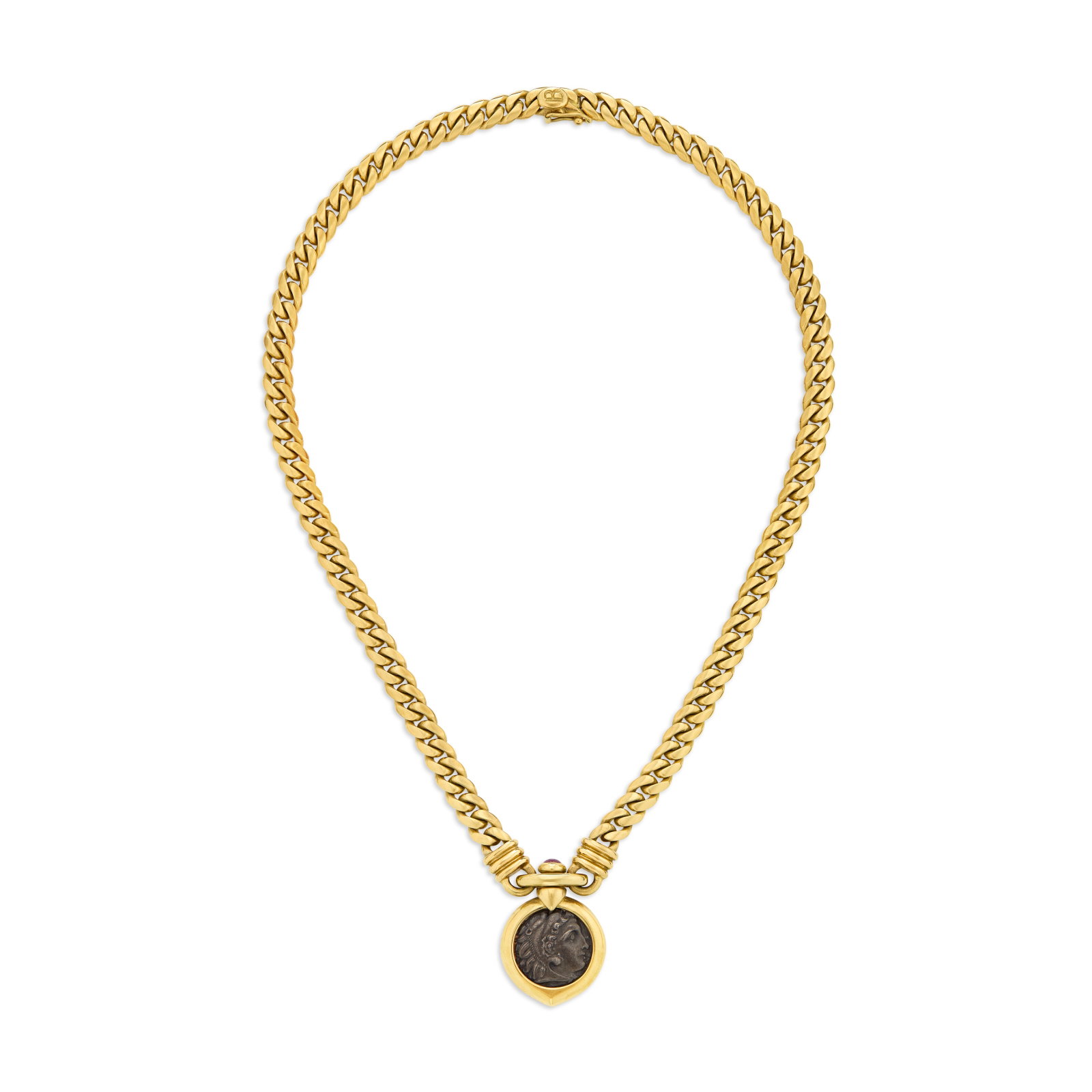 BULGARI COIN, RUBY AND GOLD ‘MONETE’ PENDANT-NECKLACE: BULGARI COIN, RUBY AND GOLD ‘MONETE’ PENDANT-NECKLACE Details Coin depicting Macedonian king Philip II Arrhidaeus, round ruby cabochon, 18k yellow gold, signed Bvlgari, numbered, engraved