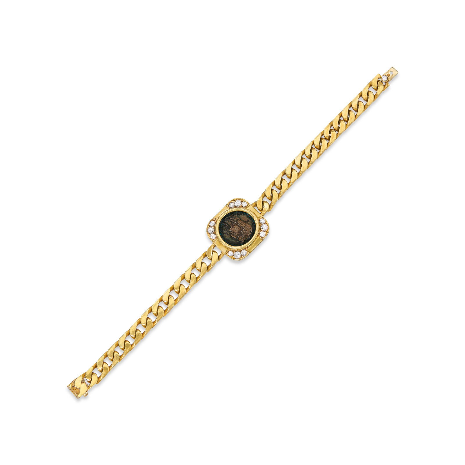 BULGARI COIN, DIAMOND AND GOLD ‘MONETE’ BRACELET: BULGARI COIN, DIAMOND AND GOLD ‘MONETE’ BRACELET Details Coin depicting Roman Emperor Constantine the Great, round diamonds, yellow gold, circa 1979, signed Bvlgari, Italy, numbered,