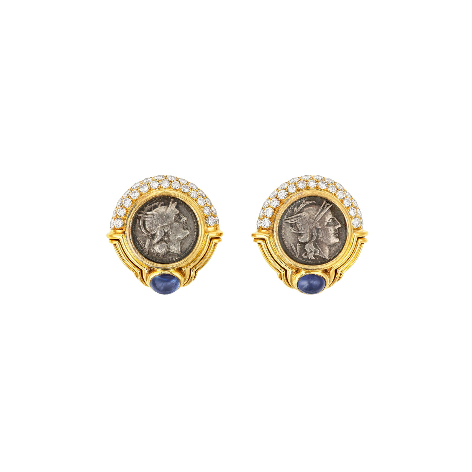 BULGARI COIN, SAPPHIRE AND DIAMOND ‘MONETE’ EARRINGS: BULGARI COIN, SAPPHIRE AND DIAMOND ‘MONETE’ EARRINGS Details Two quinarius coins, oval sapphire cabochons, round diamonds, 18k yellow gold (Italian marks), signed Bvlgari, numbered, each