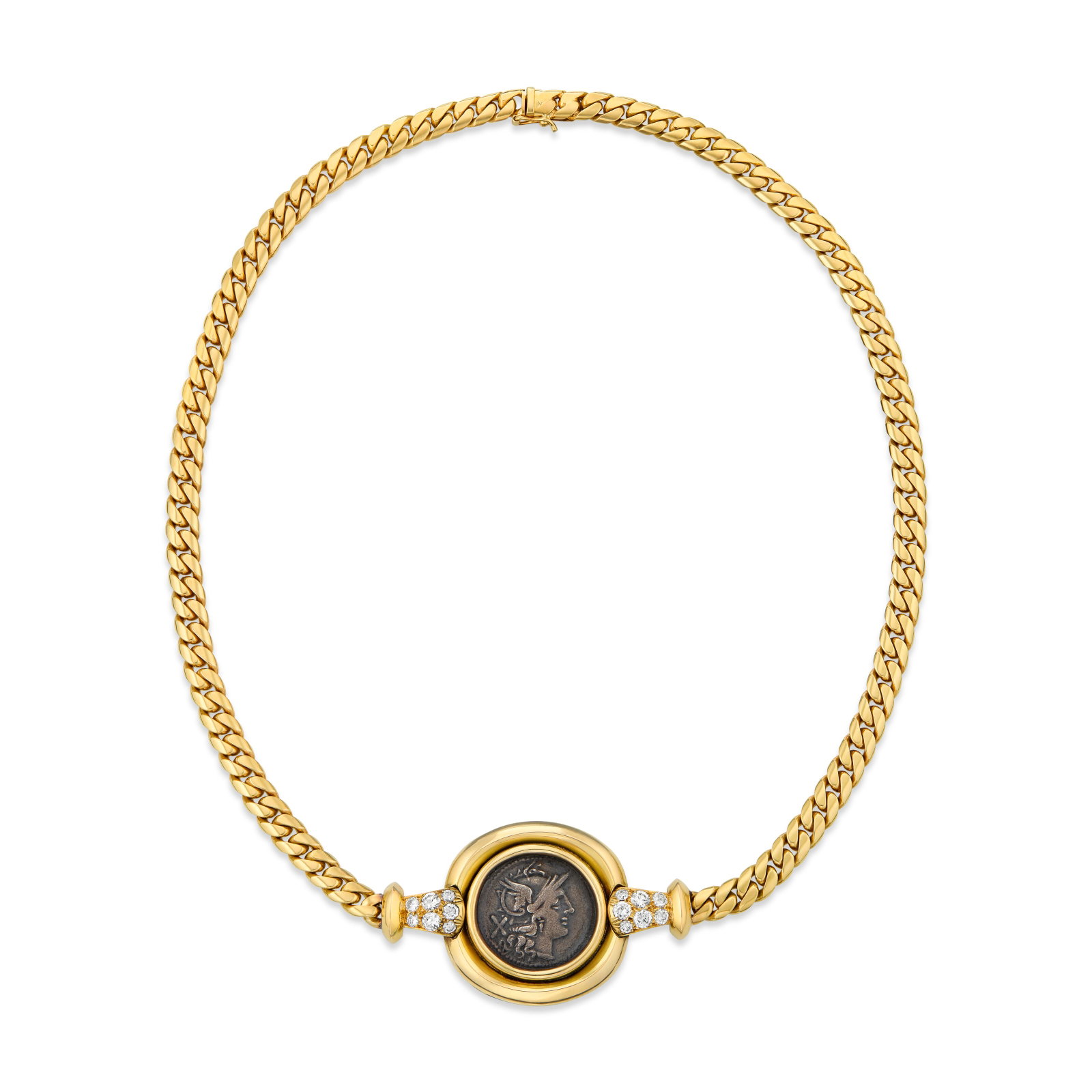 BULGARI COIN, DIAMOND AND GOLD ‘MONETE’ NECKLACE: BULGARI COIN, DIAMOND AND GOLD ‘MONETE’ NECKLACE Details Denarius coin, round diamonds, 18k yellow gold, circa 1978, signed Bvlgari, Made in Italy, numbered, engraved on the reverse