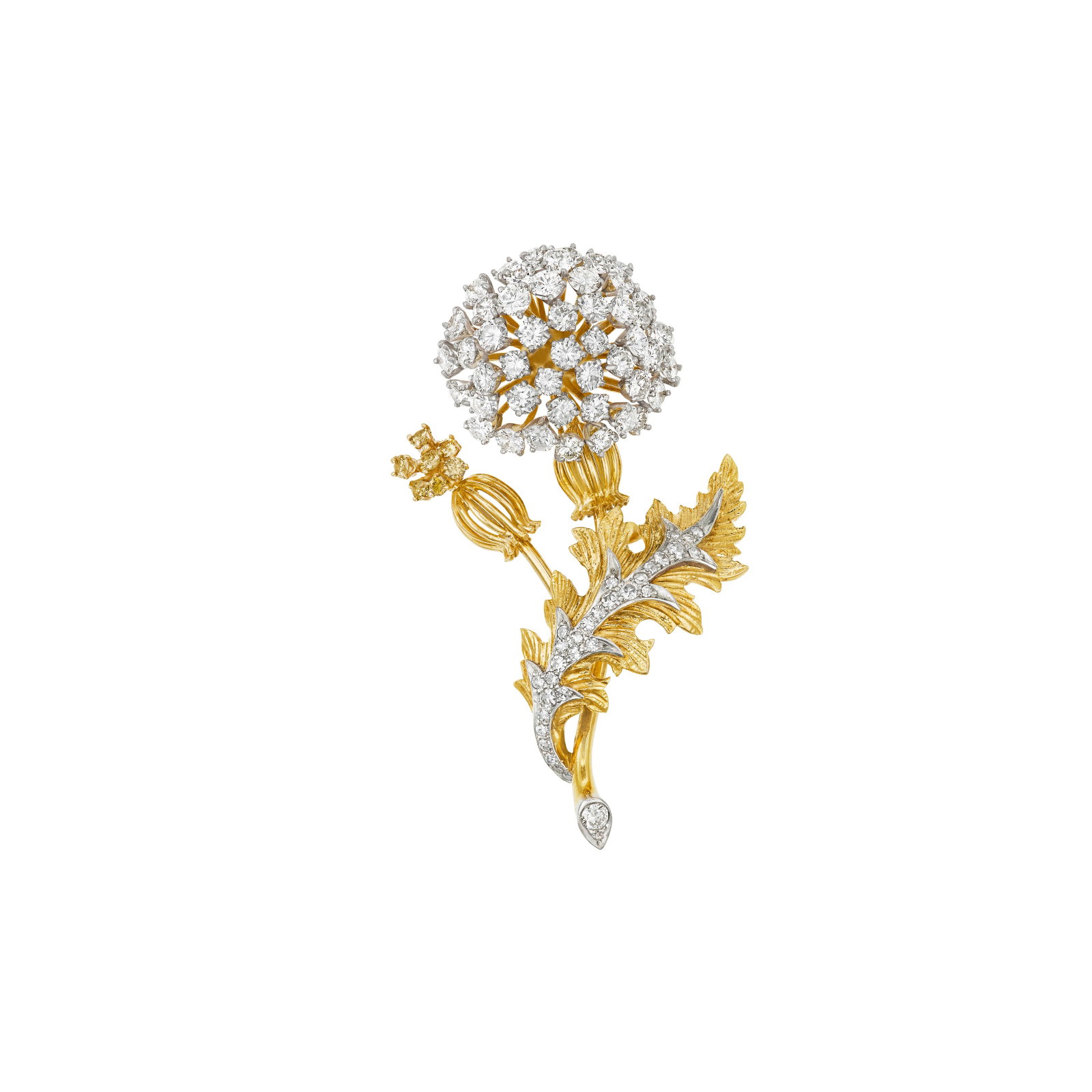 DIAMOND AND COLORED DIAMOND THISTLE BROOCH: DIAMOND AND COLORED DIAMOND THISTLE BROOCH Details Single and round diamonds, round yellow diamonds, yellow gold and platinum, circa 1960 Diamonds: 30 single and 48 round with an approximate total