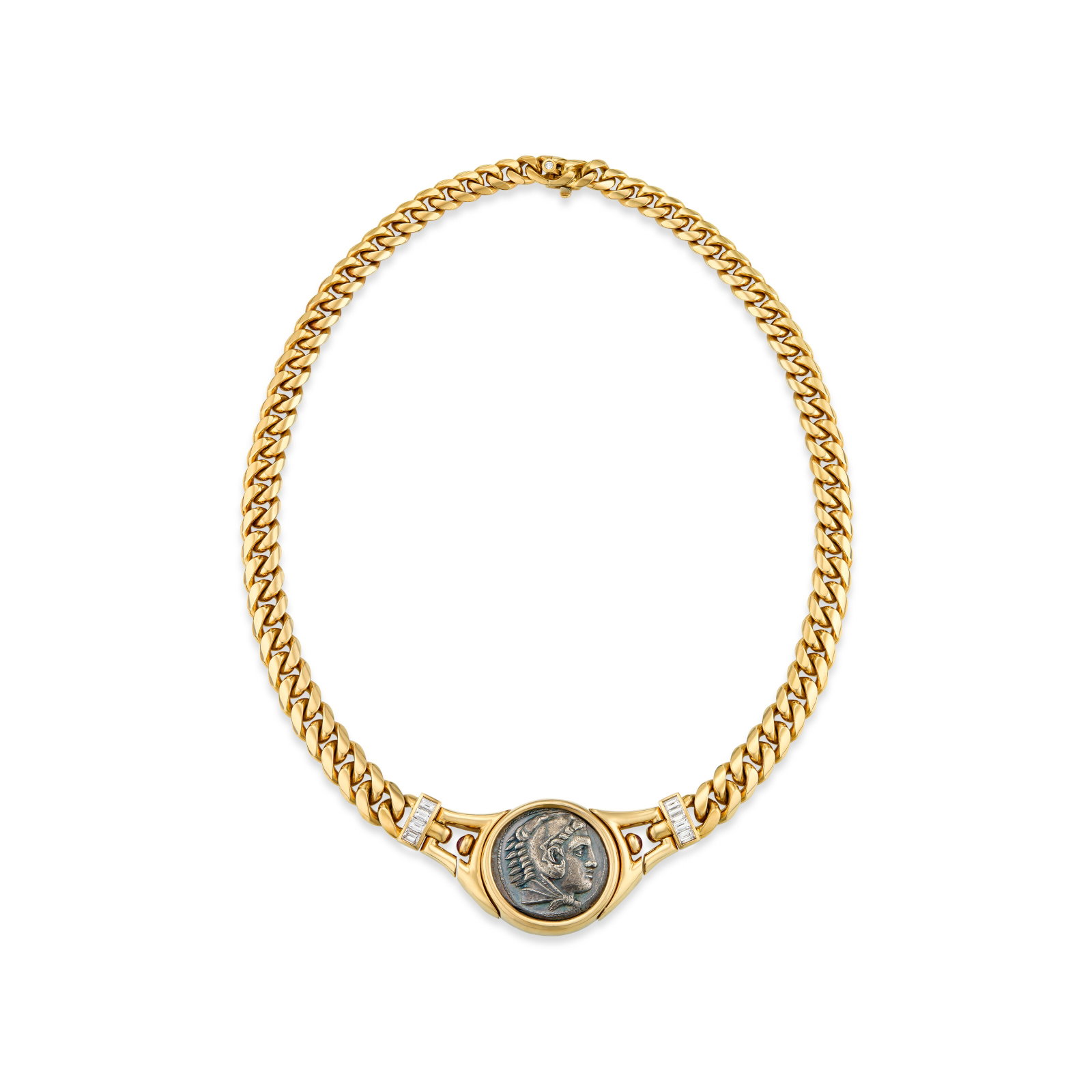 BULGARI COIN, DIAMOND AND RUBY ‘MONETE’ NECKLACE: BULGARI COIN, DIAMOND AND RUBY ‘MONETE’ NECKLACE Details Tetradrachm coin depicting Alexander the Great, baguette and round diamonds, round ruby cabochons, 18k yellow gold (Italian mark),