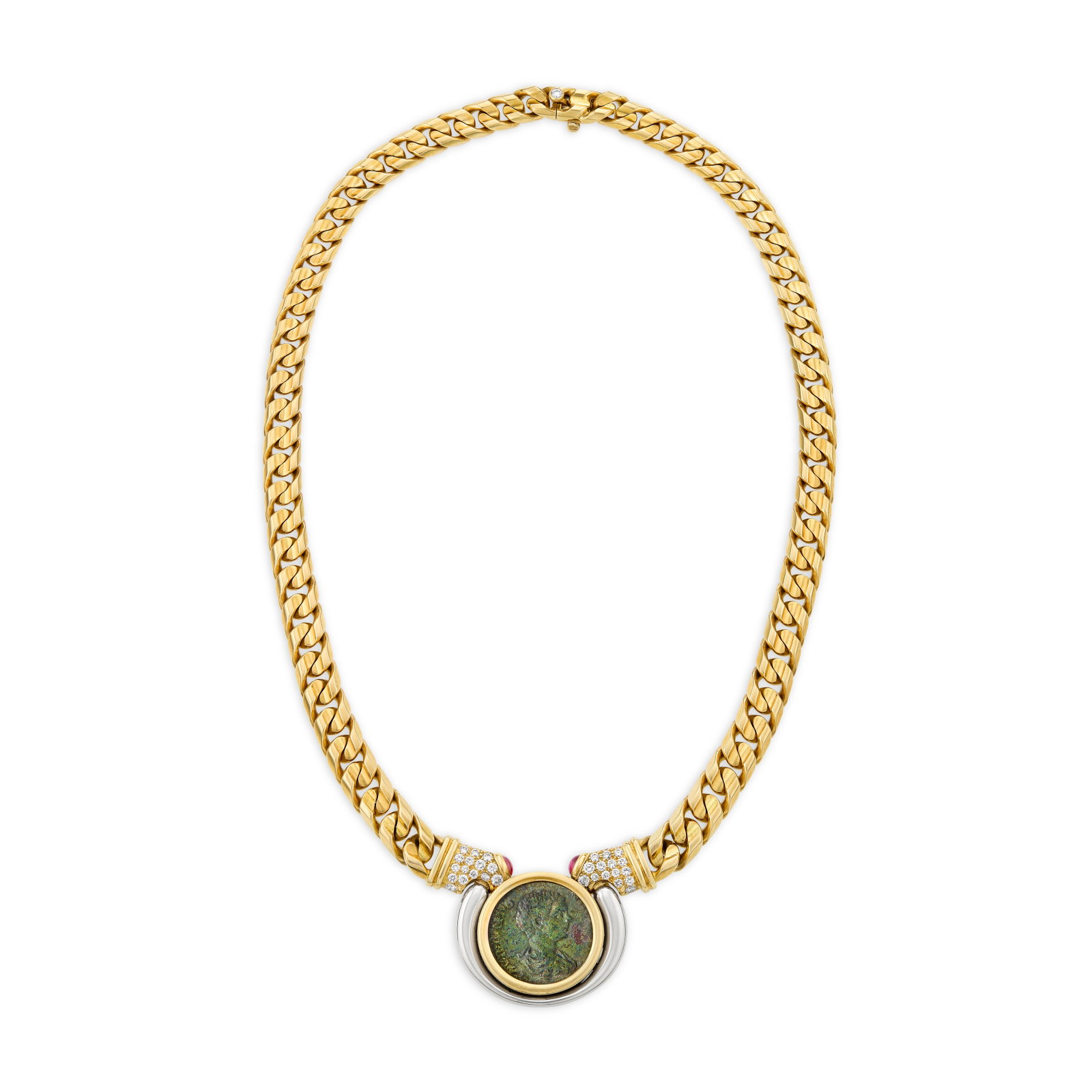 BULGARI COIN, RUBY AND DIAMOND ‘MONETE’ NECKLACE: BULGARI COIN, RUBY AND DIAMOND ‘MONETE’ NECKLACE Details Coin depicting Roman Emperor Caracalla, oval ruby cabochons, round diamonds, 18k yellow gold and platinum (Italian marks), signed