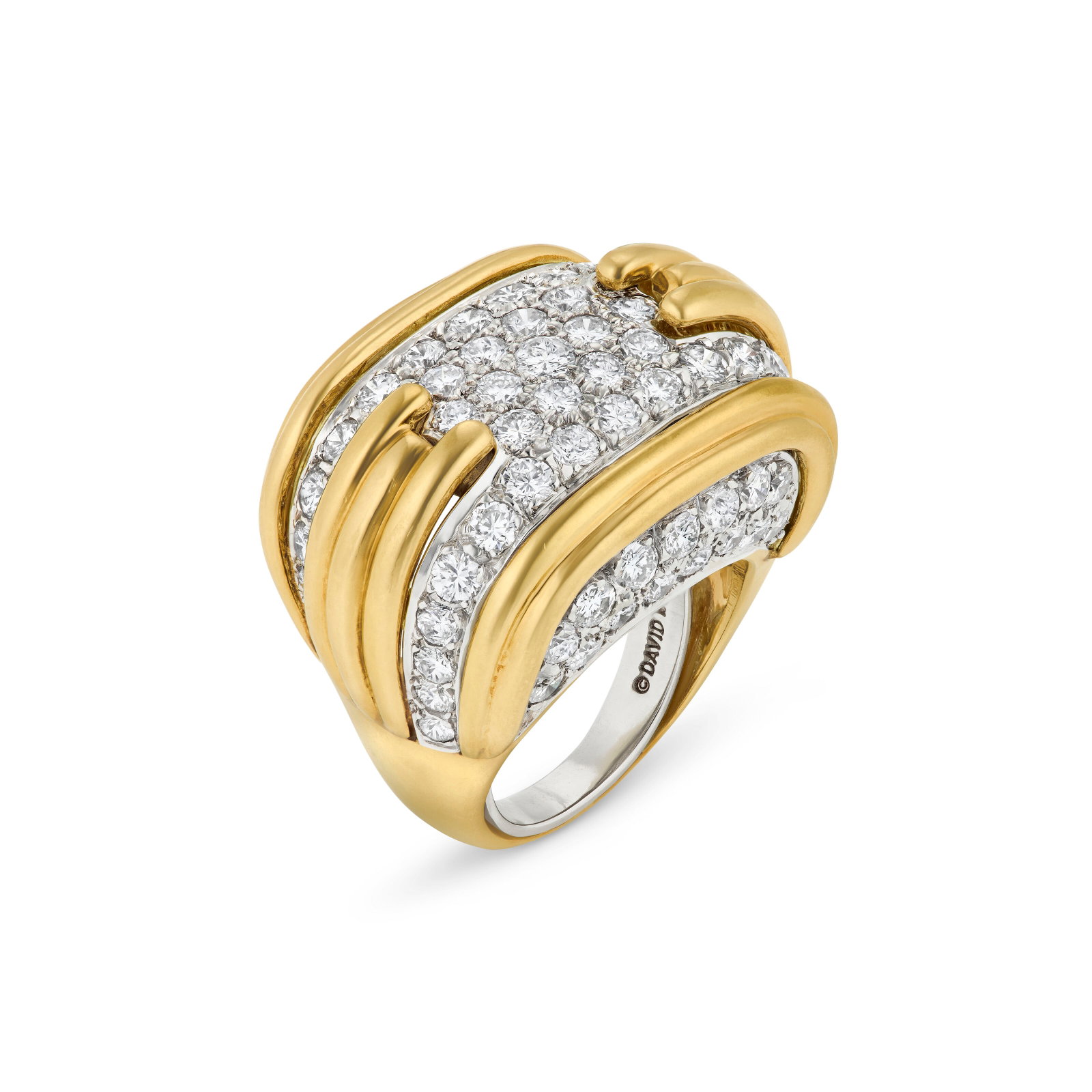 DAVID WEBB DIAMOND AND GOLD RING: DAVID WEBB DIAMOND AND GOLD RING Details Round diamonds, 18k yellow gold, signed David Webb, black David Webb case Diamonds: 77 round with an approximate total weight of 7.00 – 7.50 carats Size/