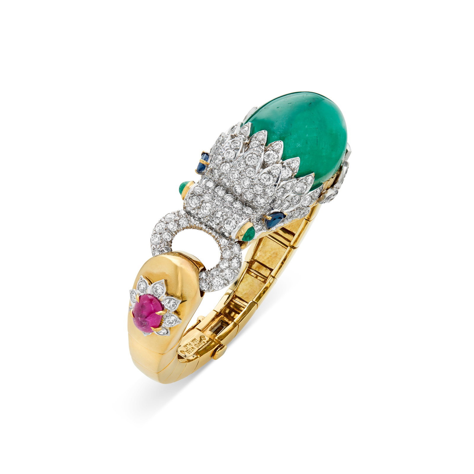 DAVID WEBB MULTI-GEM AND DIAMOND ‘CHIMERA’ BANGLE BRACELET: DAVID WEBB MULTI-GEM AND DIAMOND ‘CHIMERA’ BANGLE BRACELET Details Oval and round emerald cabochons, oval ruby cabochons, pear-shaped sapphires, round diamonds, 18k yellow gold and platinu