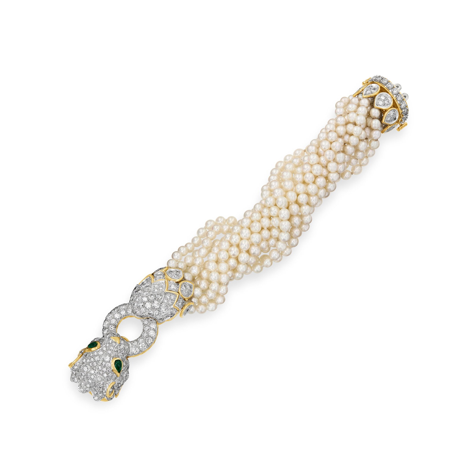 DAVID WEBB CULTURED PEARL, EMERALD AND DIAMOND LION TORSADE BRACELET (1 of 3)