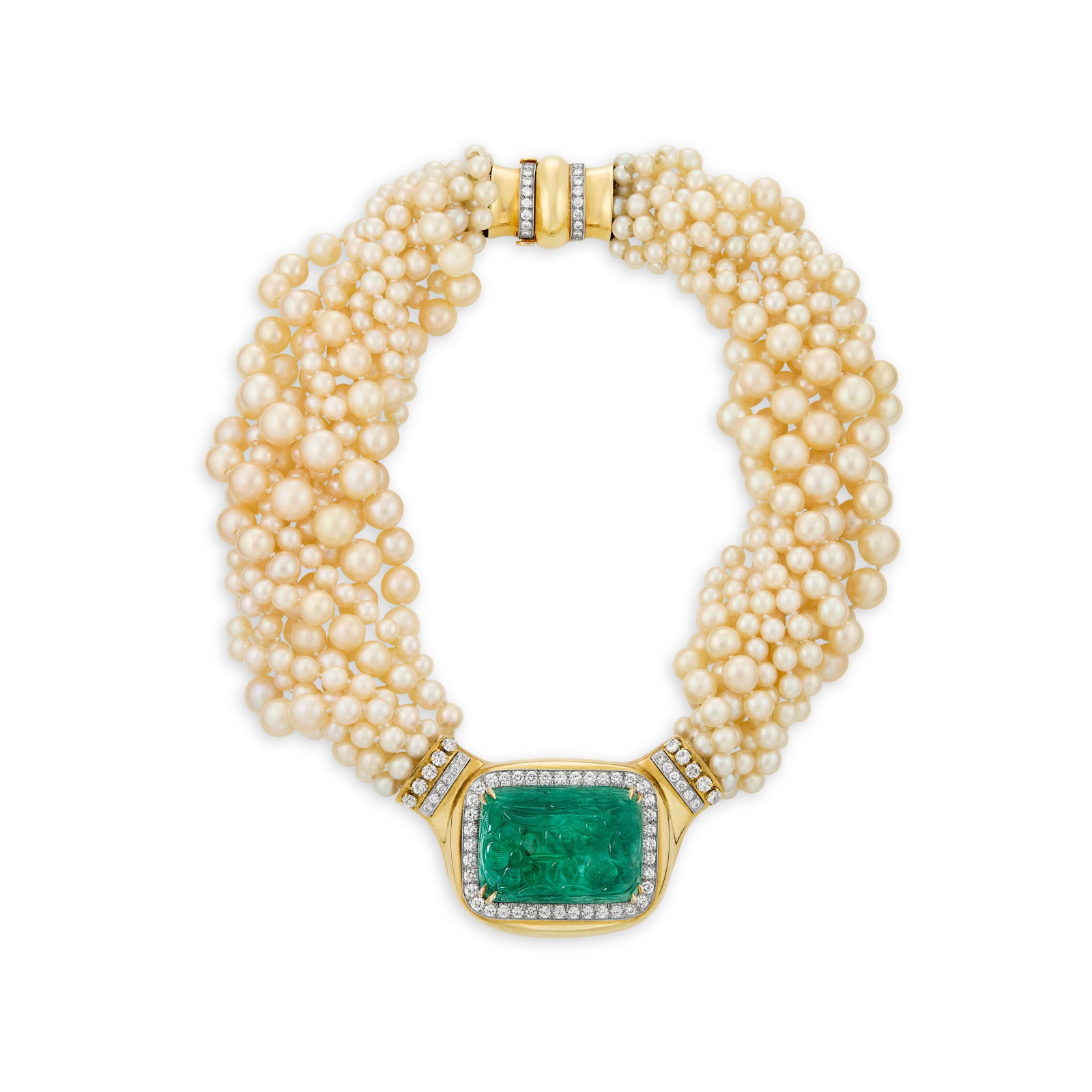 DAVID WEBB CARVED EMERALD, CULTURED PEARL AND DIAMOND TORSADE NECKLACE: DAVID WEBB CARVED EMERALD, CULTURED PEARL AND DIAMOND TORSADE NECKLACE Details Rectangular carved emerald, round cultured pearls of approximately 9.55 to 4.35 mm, round diamonds, 18k yellow gold and p