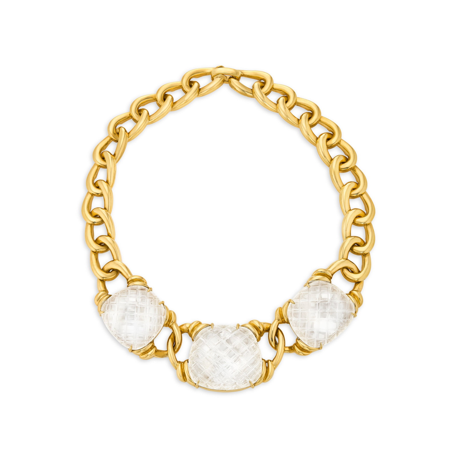 DAVID WEBB ROCK CRYSTAL AND GOLD 'CRYSTAL POOL' NECKLACE: DAVID WEBB ROCK CRYSTAL AND GOLD 'CRYSTAL POOL' NECKLACE Details Crosshatched rock crystal plaques, 18k yellow gold, signed Webb Size/Dimensions: 35.6 cm (14 in) Gross Weight: 202.8 grams Provenance