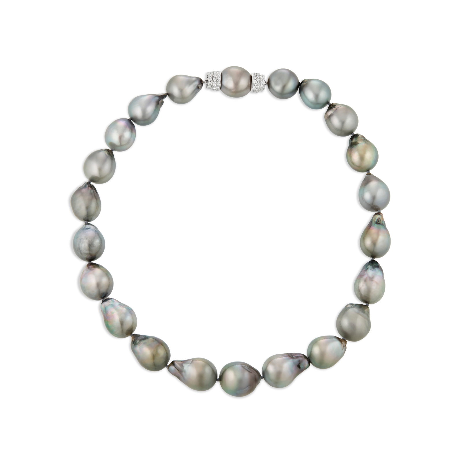 DAVID WEBB BLACK CULTURED PEARL AND DIAMOND NECKLACE: DAVID WEBB BLACK CULTURED PEARL AND DIAMOND NECKLACE Details Black baroque cultured pearls from approximately 17.24 to 15.05 mm, round diamonds, platinum and 18k white gold, signed Webb Diamonds: