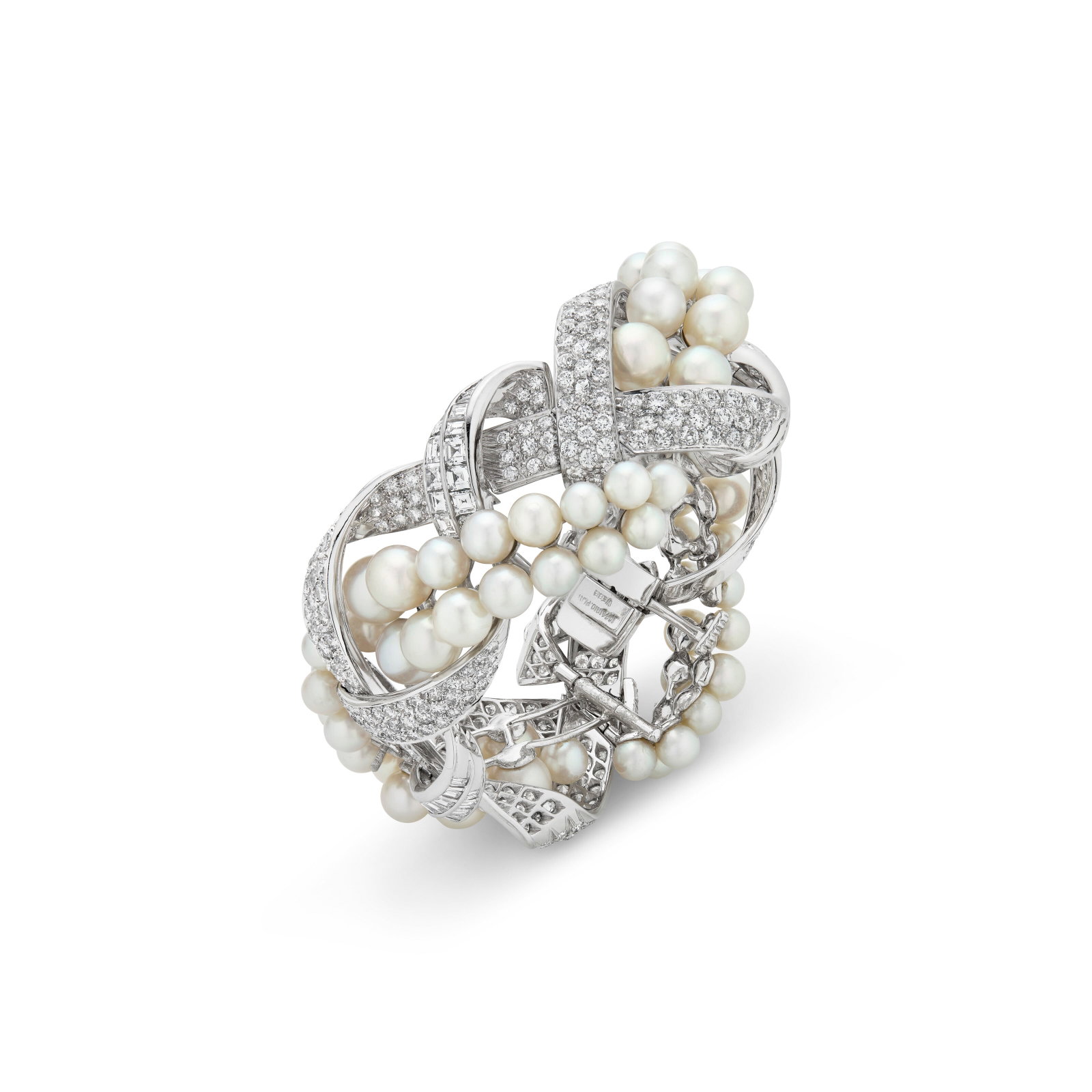 DAVID WEBB CULTURED PEARL AND DIAMOND BRACELET: DAVID WEBB CULTURED PEARL AND DIAMOND BRACELET Details Round cultured pearls ranging from approximately 8.30 to 5.50 mm, round, baguette and square-cut diamonds, platinum, signed Webb Diamonds:
