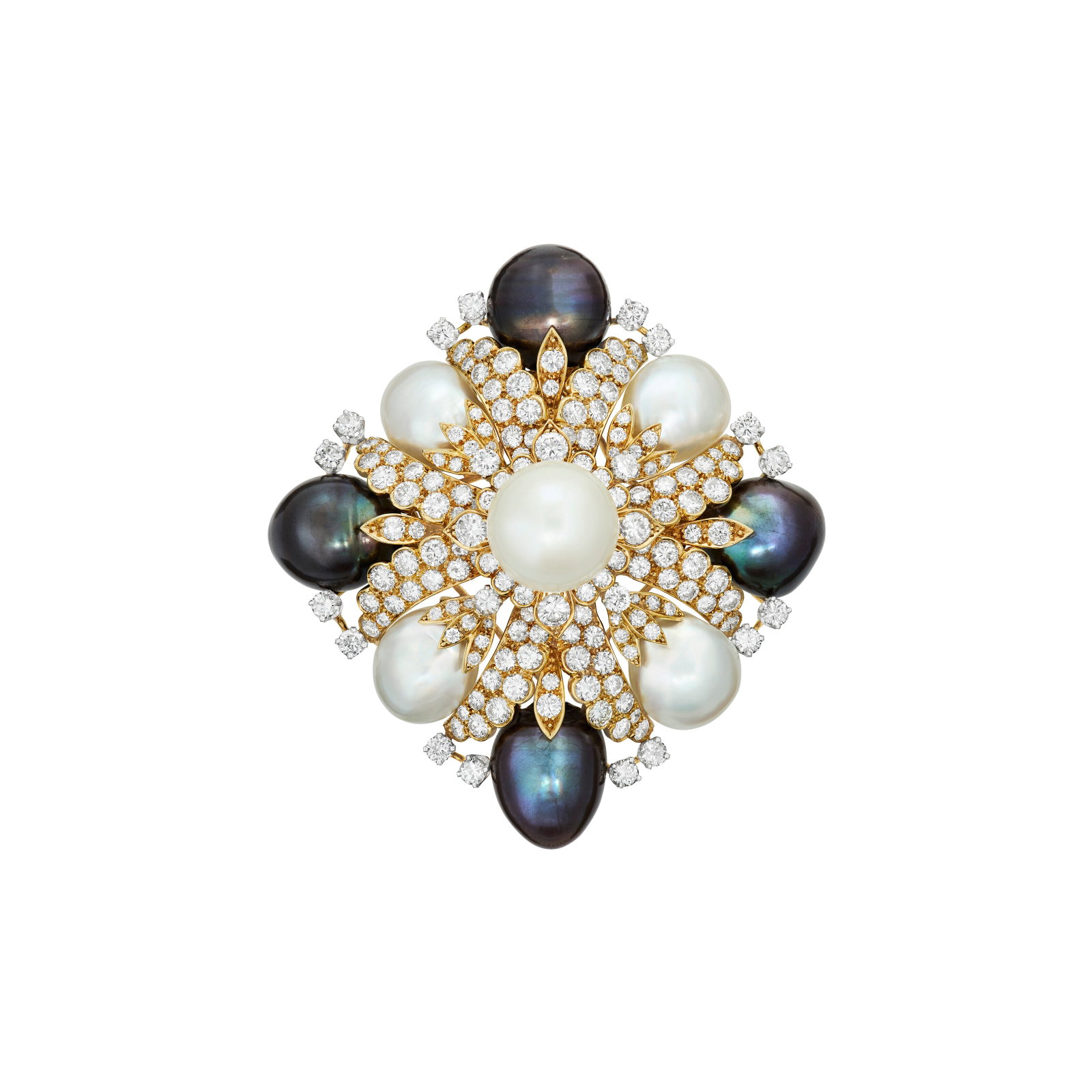 DAVID WEBB CULTURED PEARL AND DIAMOND ‘HERALDIC MALTESE CROSS’ BROOCH: DAVID WEBB CULTURED PEARL AND DIAMOND ‘HERALDIC MALTESE CROSS’ BROOCH Details Round white cultured pearl of approximately 16.45 to 16.30 mm, white and black baroque cultured pearls, round