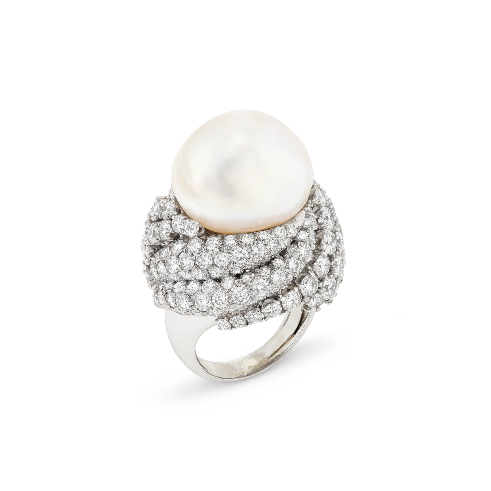 DAVID WEBB CULTURED PEARL AND DIAMOND RING: DAVID WEBB CULTURED PEARL AND DIAMOND RING Details Semi-baroque cultured pearl of approximately 18.15 to 16.90 mm, round diamonds, platinum, signed David Webb GIA, 2011, report no. 2135841861: bead