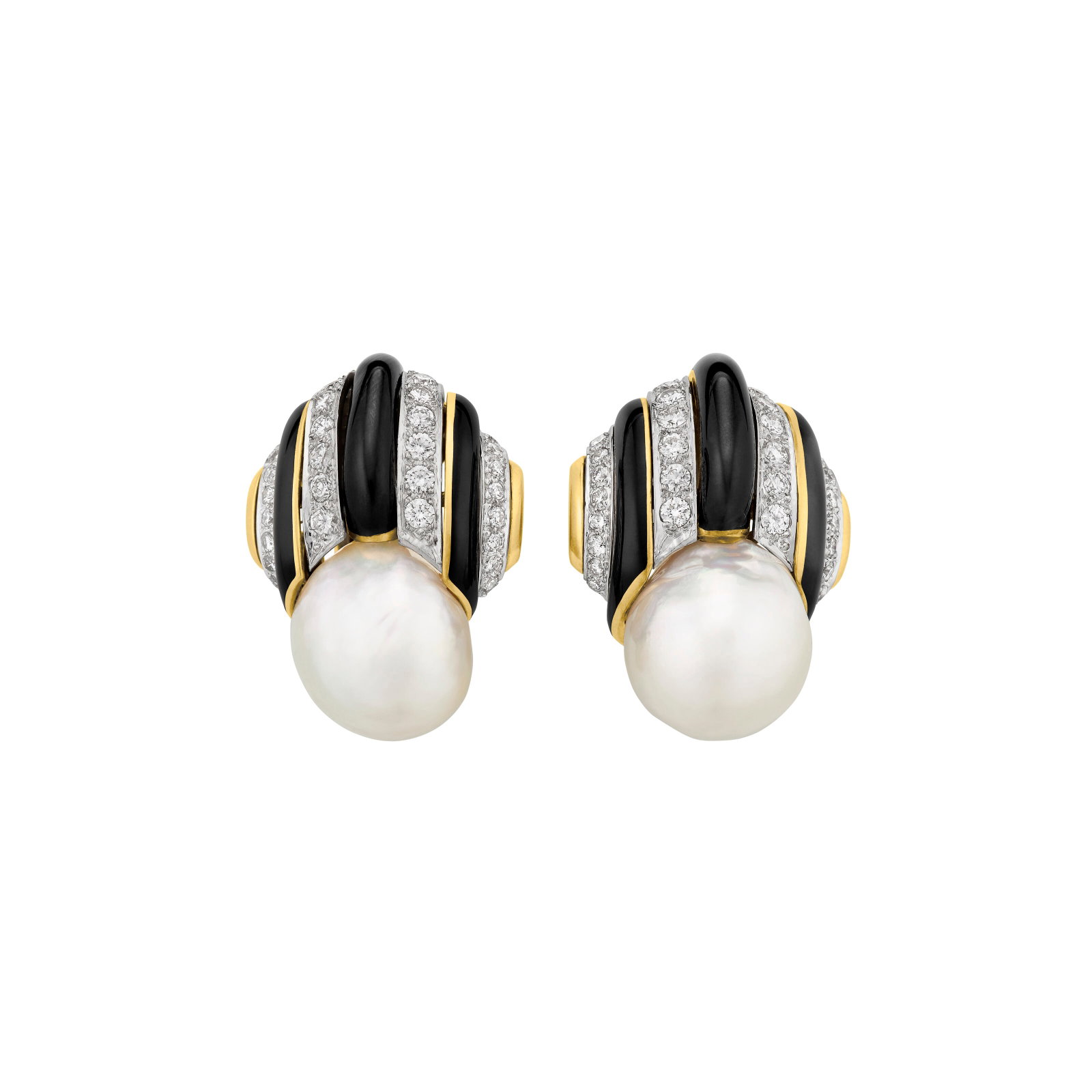 DAVID WEBB BAROQUE CULTURED PEARL, ENAMEL AND DIAMOND EARRINGS: DAVID WEBB BAROQUE CULTURED PEARL, ENAMEL AND DIAMOND EARRINGS Details Baroque cultured pearls of approximately 18.20 x 16.16 x 14.36 mm and 17.75 x 16.14 x 15.90 mm, black enamel, round diamonds,