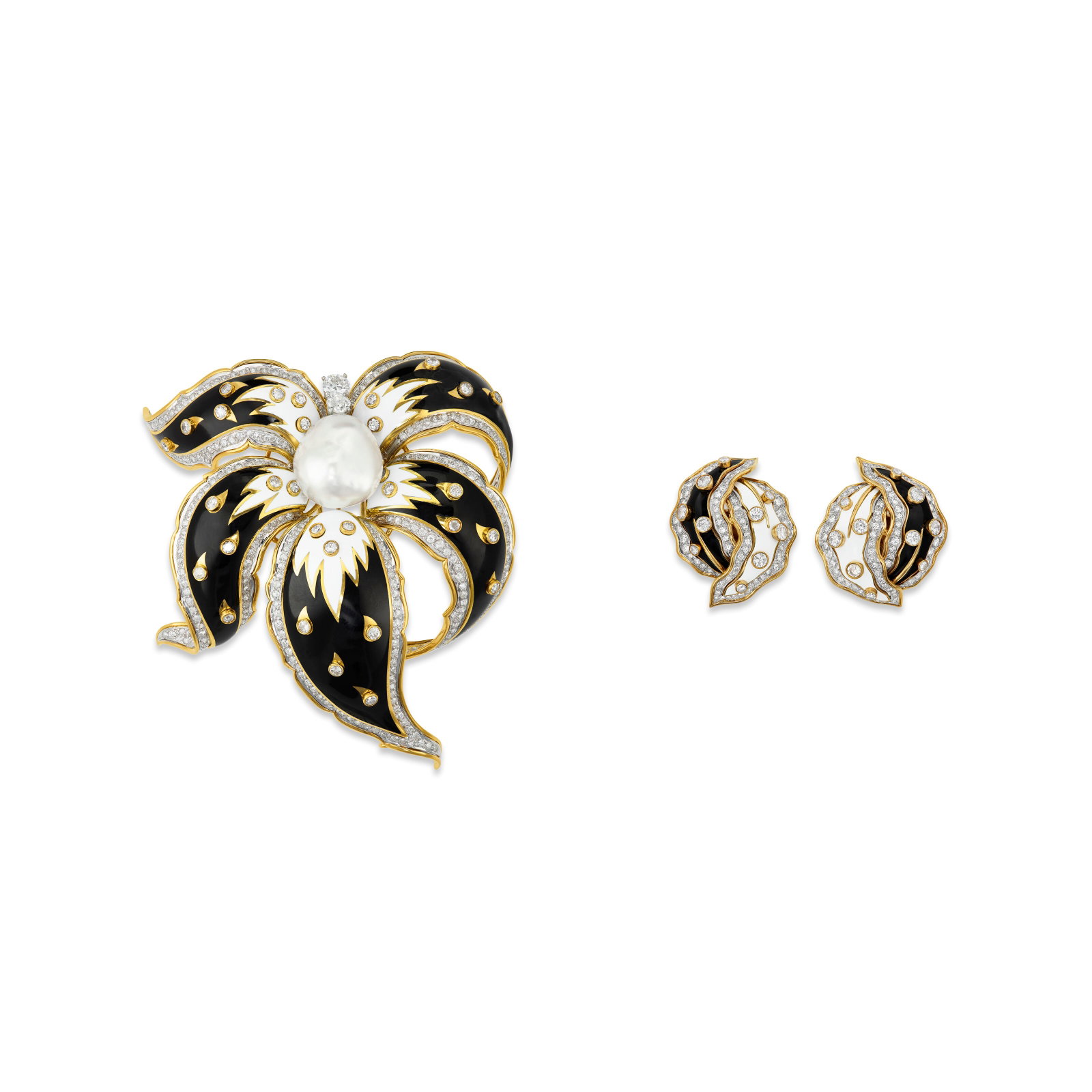 DAVID WEBB SET OF CULTURED PEARL, DIAMOND AND ENAMEL JEWELRY: DAVID WEBB SET OF CULTURED PEARL, DIAMOND AND ENAMEL JEWELRY Details Baroque cultured pearl, round, old and single-cut diamonds, black and white enamel, 18k yellow gold and platinum, brooch signed