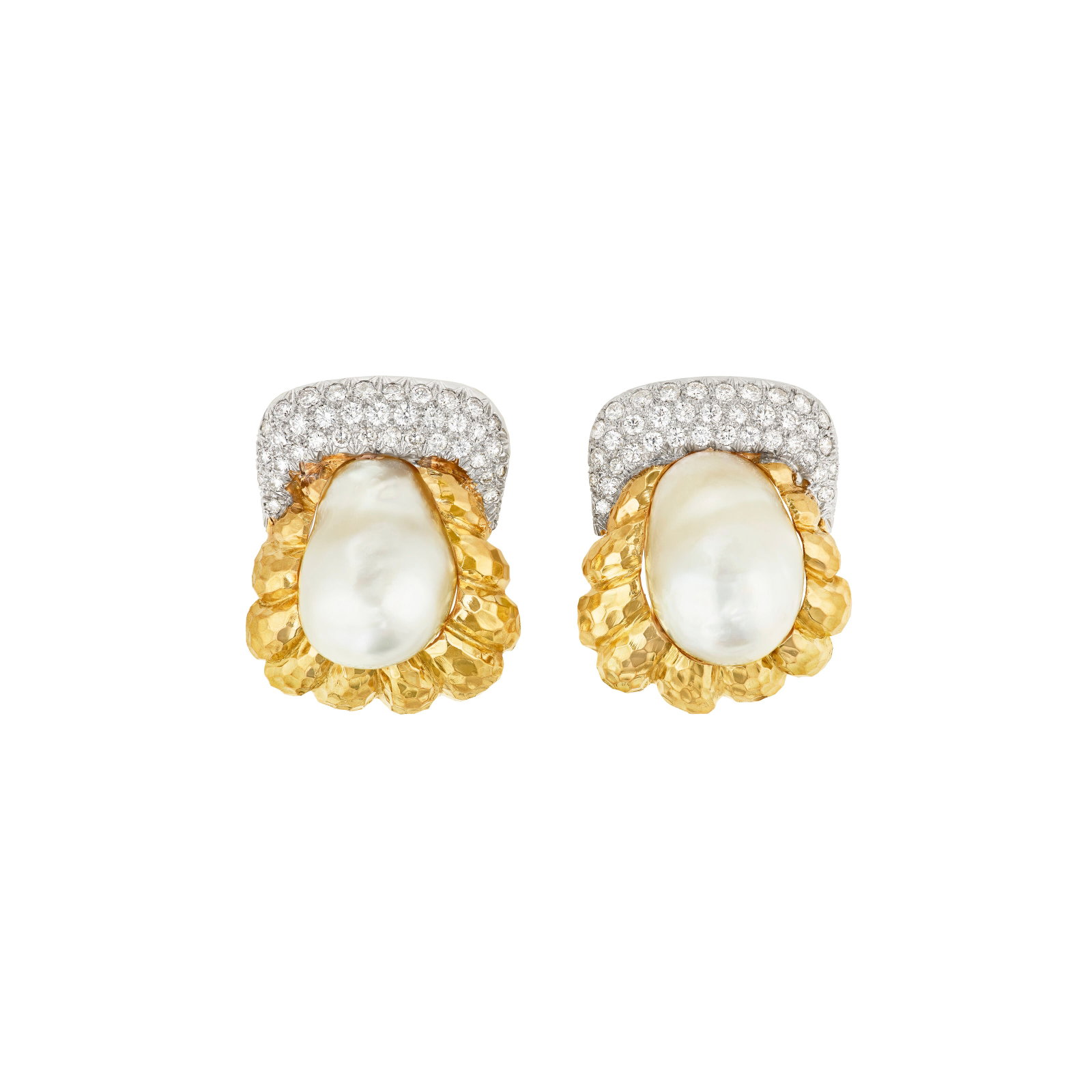 DAVID WEBB CULTURED PEARL AND DIAMOND EARRINGS: DAVID WEBB CULTURED PEARL AND DIAMOND EARRINGS Details Baroque cultured pearls, round diamonds, 18k yellow gold and platinum, signed Webb Diamonds: approximately 74 round diamonds with an approximate