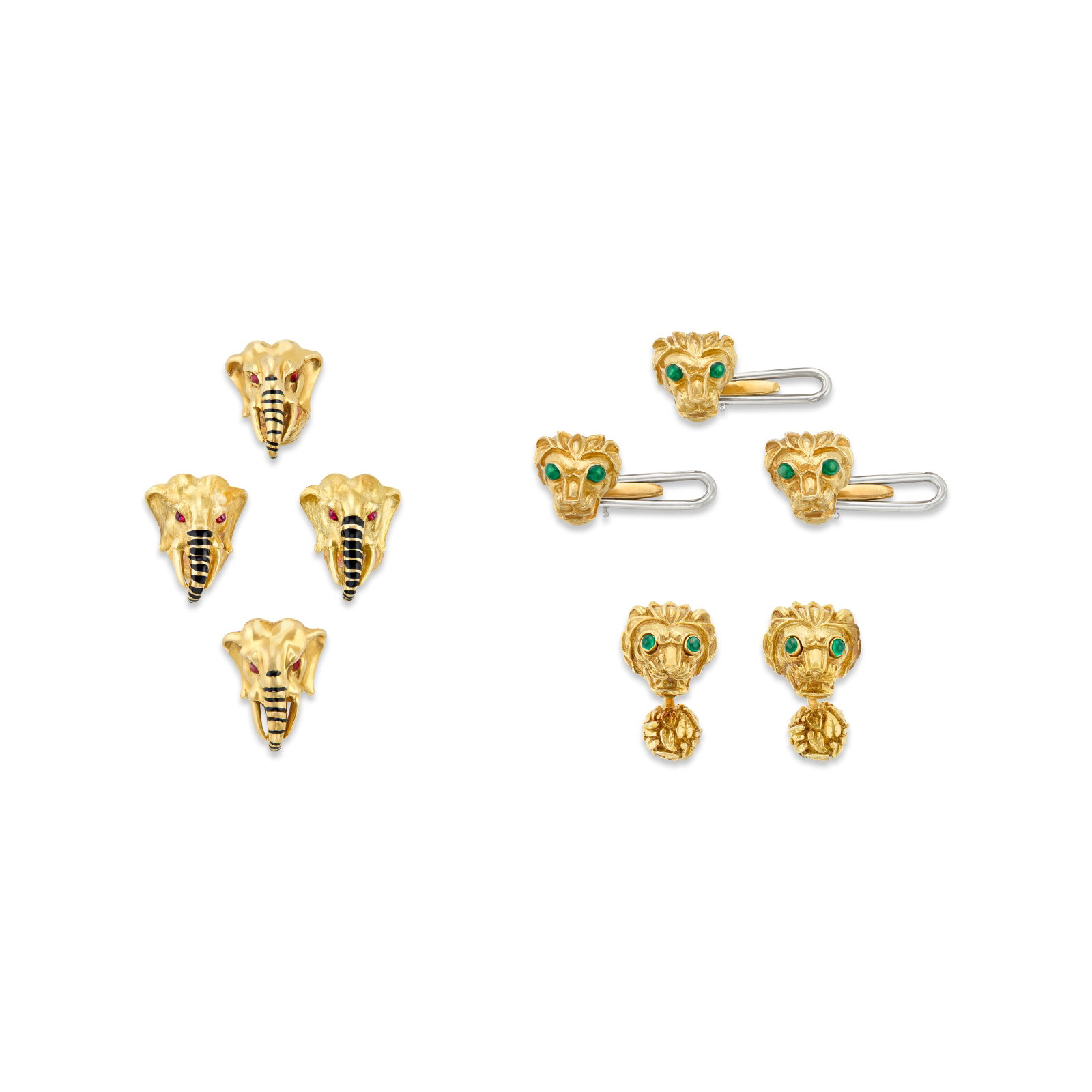 DAVID WEBB GROUP OF MULTI-GEM, ENAMEL AND GOLD JEWELRY: DAVID WEBB GROUP OF MULTI-GEM, ENAMEL AND GOLD JEWELRY Details Round ruby and emerald cabochons, green and black enamel, 18k yellow gold, each signed Webb, accompanied by one pair of unsigned