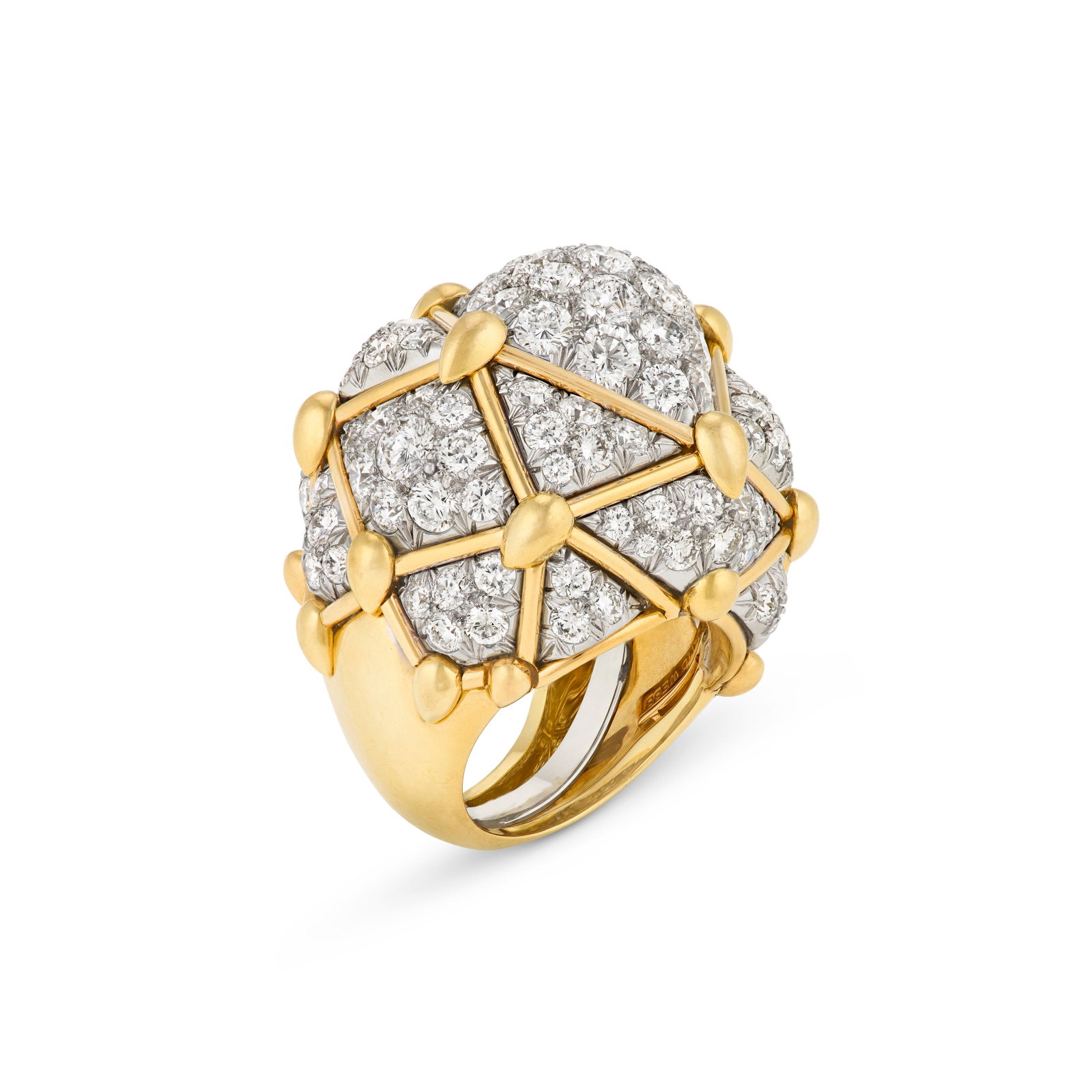 DAVID WEBB DIAMOND AND GOLD ‘GEODESIC DOME’ RING: DAVID WEBB DIAMOND AND GOLD ‘GEODESIC DOME’ RING Details Round diamonds, 18k yellow gold and platinum, circa 1965, signed David Webb Diamonds: 119 round with an approximate total weight of