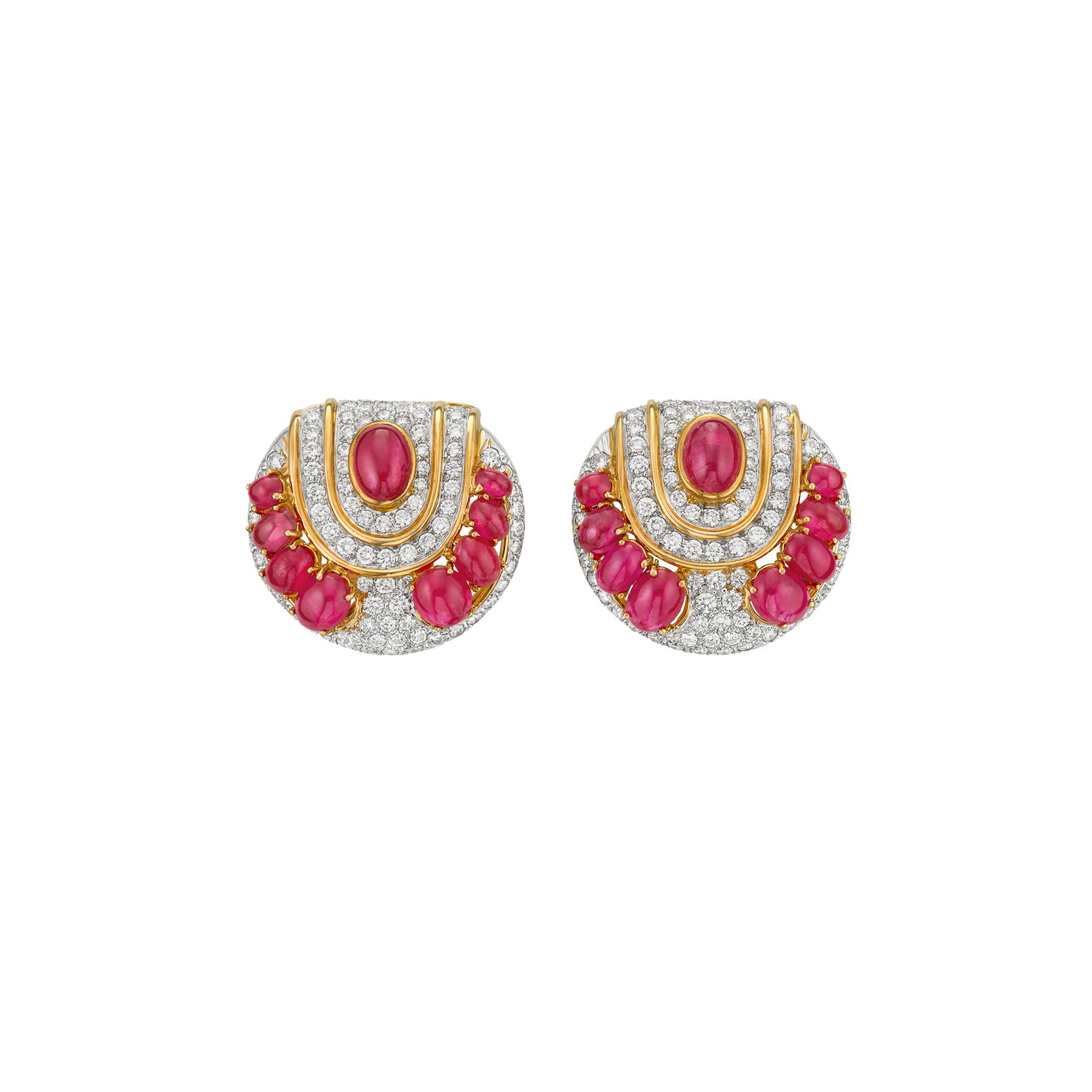DAVID WEBB RUBY AND DIAMOND EARRINGS: DAVID WEBB RUBY AND DIAMOND EARRINGS Details Oval ruby cabochons, round diamonds, 18k yellow gold and platinum, signed David Webb, numbered, black David Webb pouch Diamonds: 180 round with an approxim