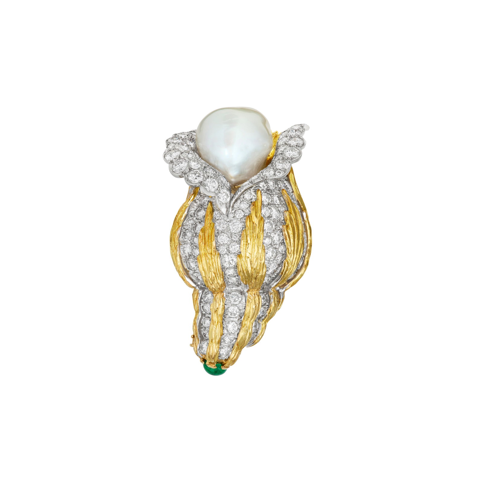 DAVID WEBB CULTURED PEARL, EMERALD AND DIAMOND SHELL BROOCH: DAVID WEBB CULTURED PEARL, EMERALD AND DIAMOND SHELL BROOCH Details Designed as a conch shell, baroque cultured pearl of approximately 17.50 – 14.00 mm, round emerald cabochon, round diamonds, 1