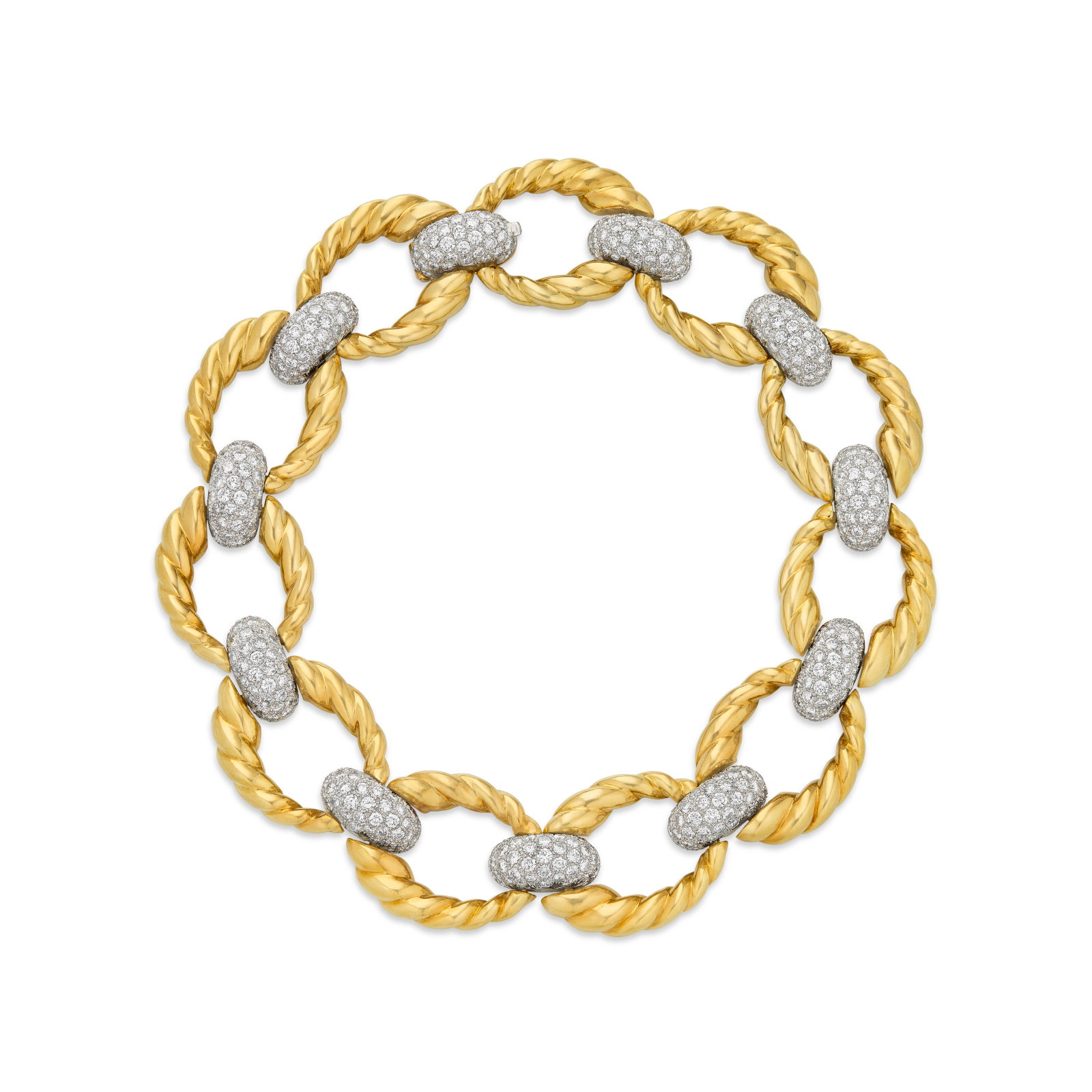 DAVID WEBB DIAMOND AND GOLD ‘ROPE LINK’ NECKLACE: DAVID WEBB DIAMOND AND GOLD ‘ROPE LINK’ NECKLACE Details Round diamonds, 18k yellow gold and platinum, signed Webb Diamonds: 462 round with an approximate total weight of 60.00 –