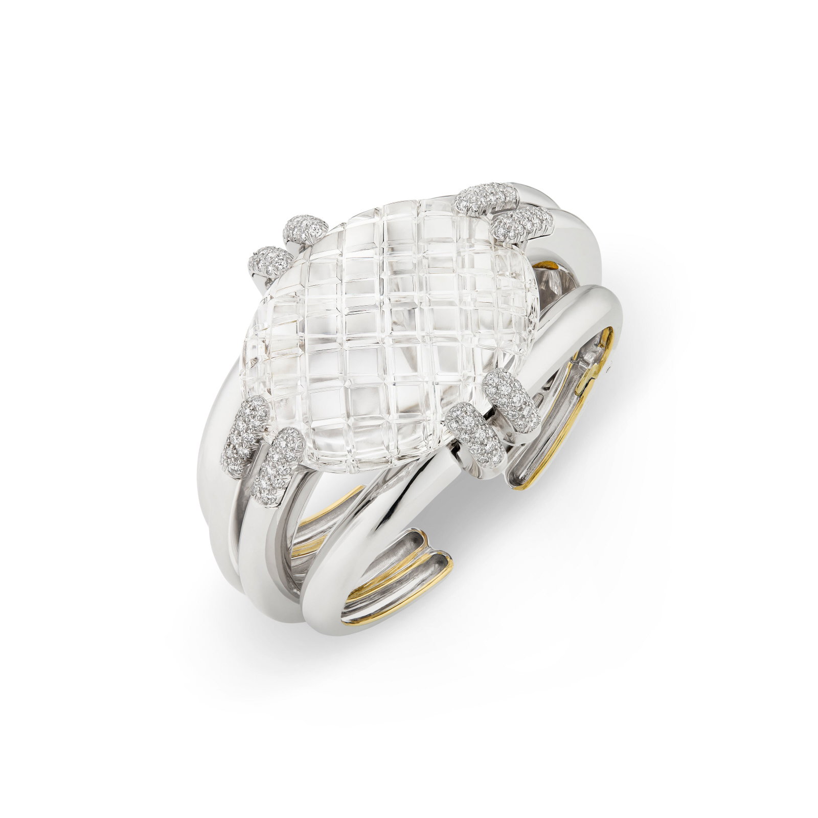 DAVID WEBB ROCK CRYSTAL AND DIAMOND 'NOTRE DAME' CUFF BRACELET: DAVID WEBB ROCK CRYSTAL AND DIAMOND 'NOTRE DAME' CUFF BRACELET Details Crosshatched rock crystal, round diamonds, 18k white gold and platinum, signed David Webb, numbered Diamonds: approximately 112