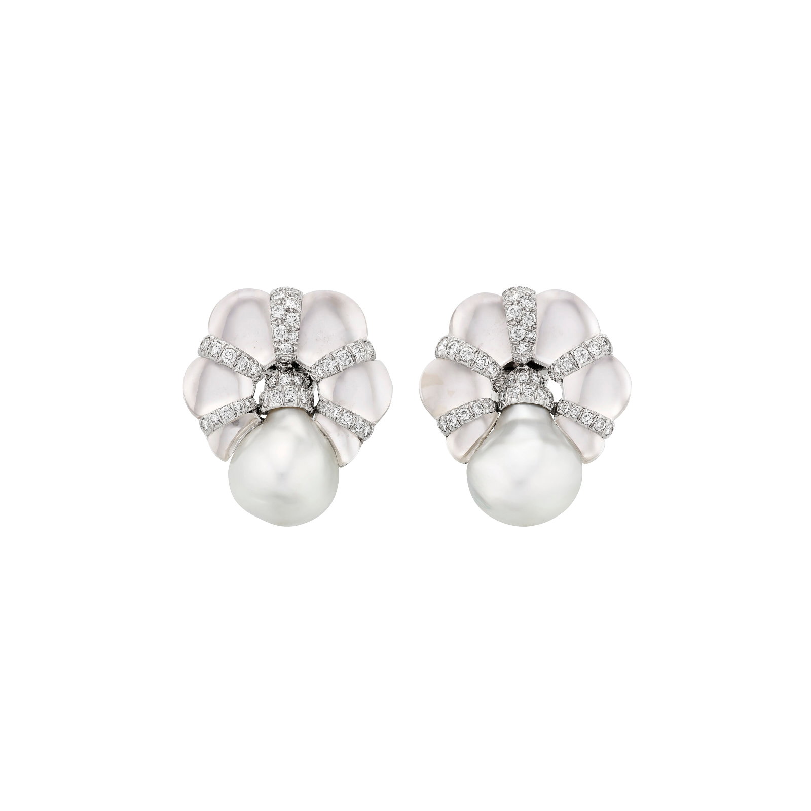 DAVID WEBB CULTURED PEARL, ROCK CRYSTAL AND DIAMOND EARRINGS: DAVID WEBB CULTURED PEARL, ROCK CRYSTAL AND DIAMOND EARRINGS Details Baroque cultured pearls of approximately 17.00 to 14.00 mm, carved rock crystal plaques, round diamonds, 18k white gold and