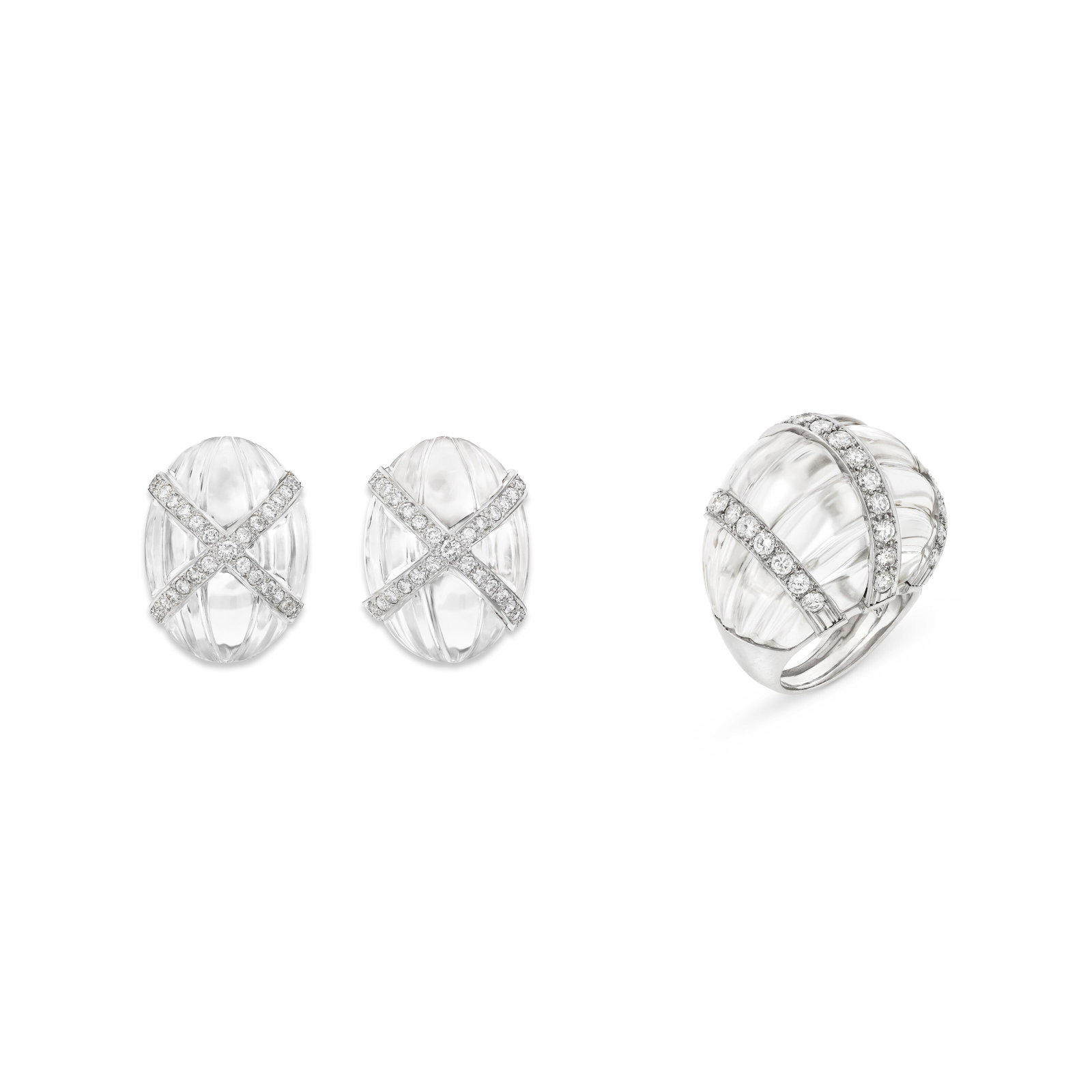 DAVID WEBB SET OF ROCK CRYSTAL AND DIAMOND JEWELRY: DAVID WEBB SET OF ROCK CRYSTAL AND DIAMOND JEWELRY Details Fluted rock crystal, round diamonds, platinum and 18k white gold, each signed Webb Diamonds: approximately 63 round with an approximate