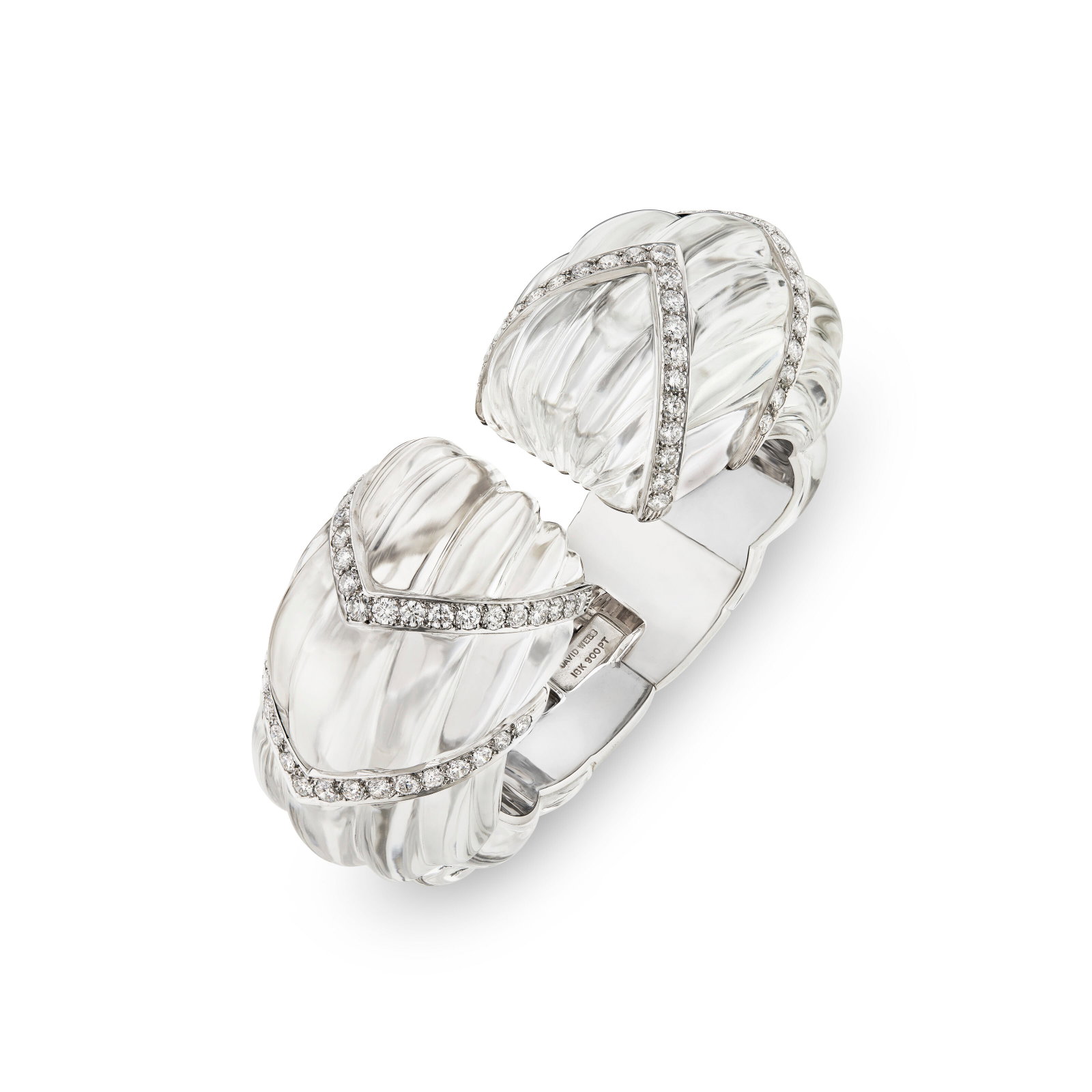 DAVID WEBB ROCK CRYSTAL AND DIAMOND CUFF BRACELET: DAVID WEBB ROCK CRYSTAL AND DIAMOND CUFF BRACELET Details Fluted rock crystal, round diamonds, 18k white gold and platinum, signed David Webb Diamonds: approximately 80 round with an approximate total