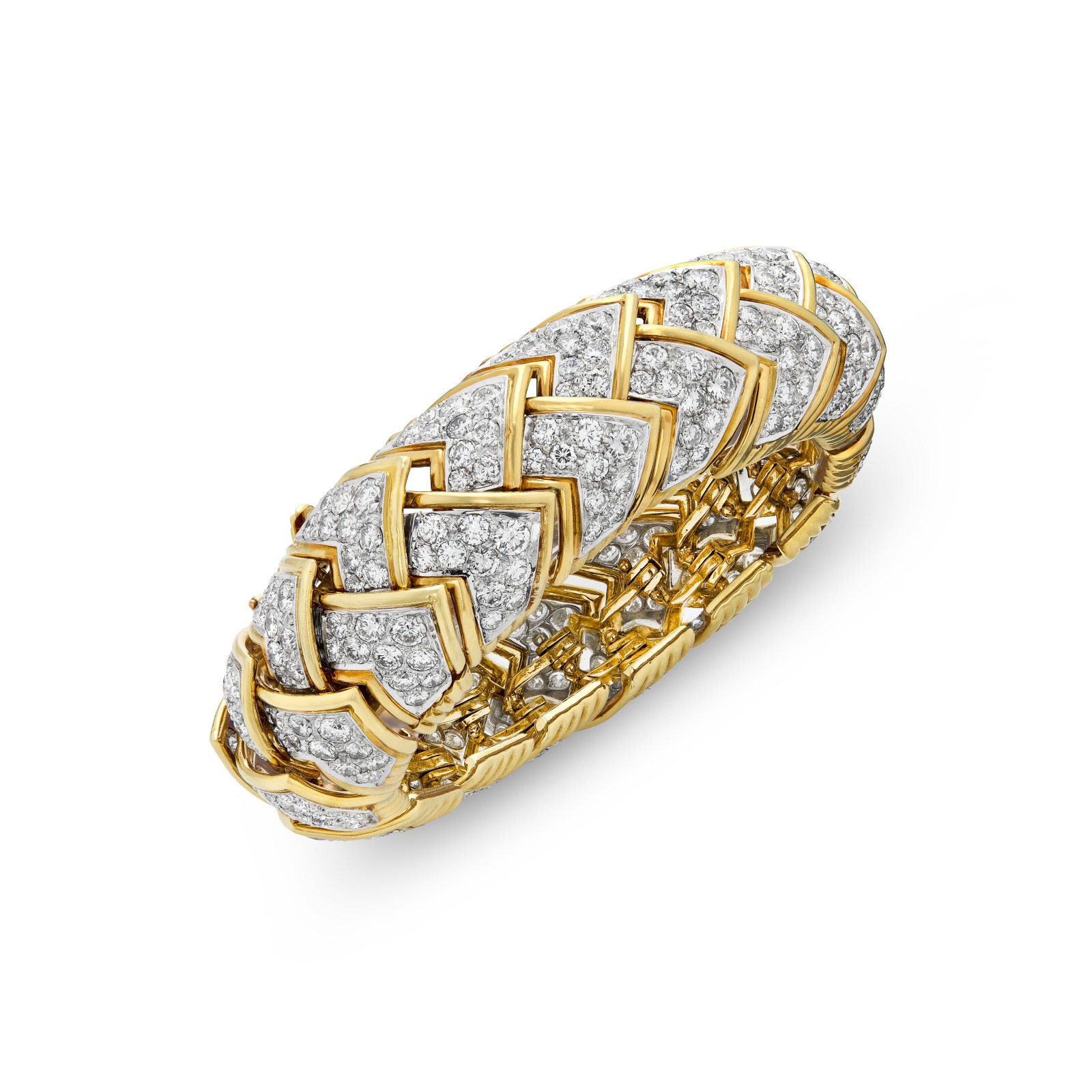DAVID WEBB DIAMOND AND GOLD BRACELET: DAVID WEBB DIAMOND AND GOLD BRACELET Details Round diamonds, 18k yellow gold and platinum, signed David Webb Diamonds: 320 round with an approximate total weight of 22.00 – 23.00 carats Size/Dim