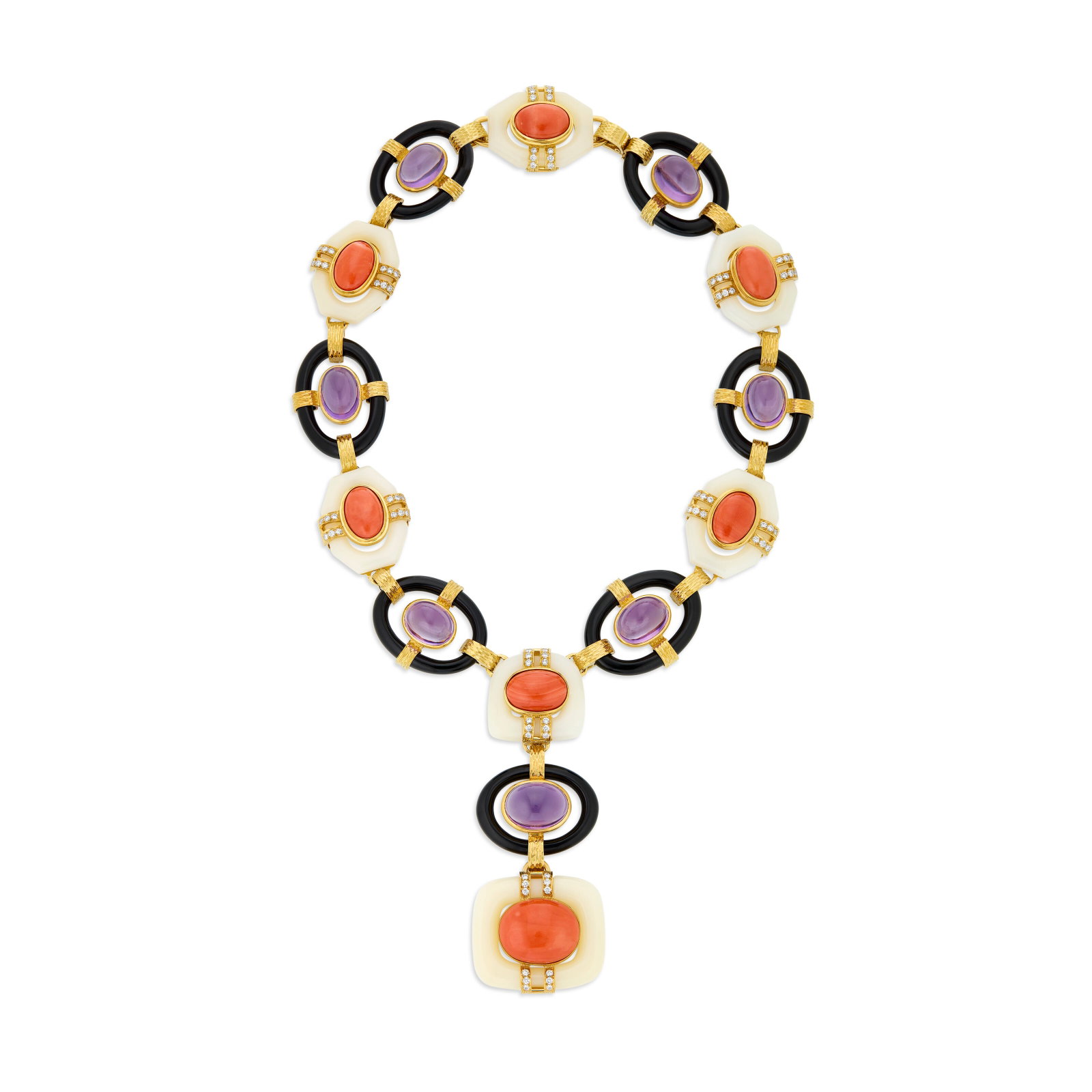 DAVID WEBB CORAL, AMETHYST, ONYX, CHALCEDONY AND DIAMOND NECKLACE: DAVID WEBB CORAL, AMETHYST, ONYX, CHALCEDONY AND DIAMOND NECKLACE Details Oval coral and amethyst cabochons, carved onyx and chalcedony links, round diamonds, 18k yellow gold, necklace, pendant and de