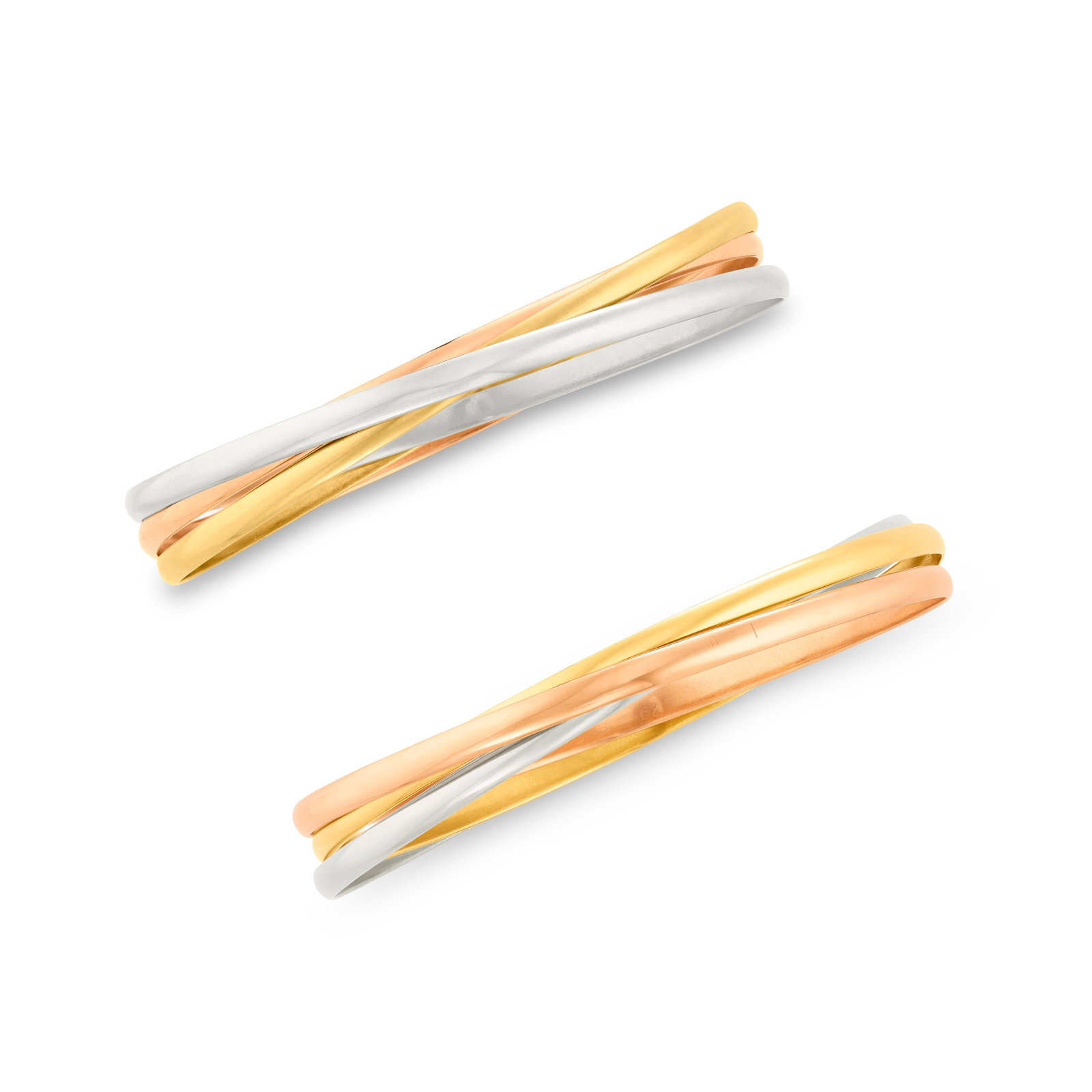 CARTIER PAIR OF TRI-COLOR GOLD ‘TRINITY' BANGLE BRACELETS: Details Each designed as three interlocking tri-colored gold bangle bracelets, 18k yellow, rose and white gold, each signed Cartier, each numbered Size/Dimensions: inner diameter 6.9 cm (23⁄4 in