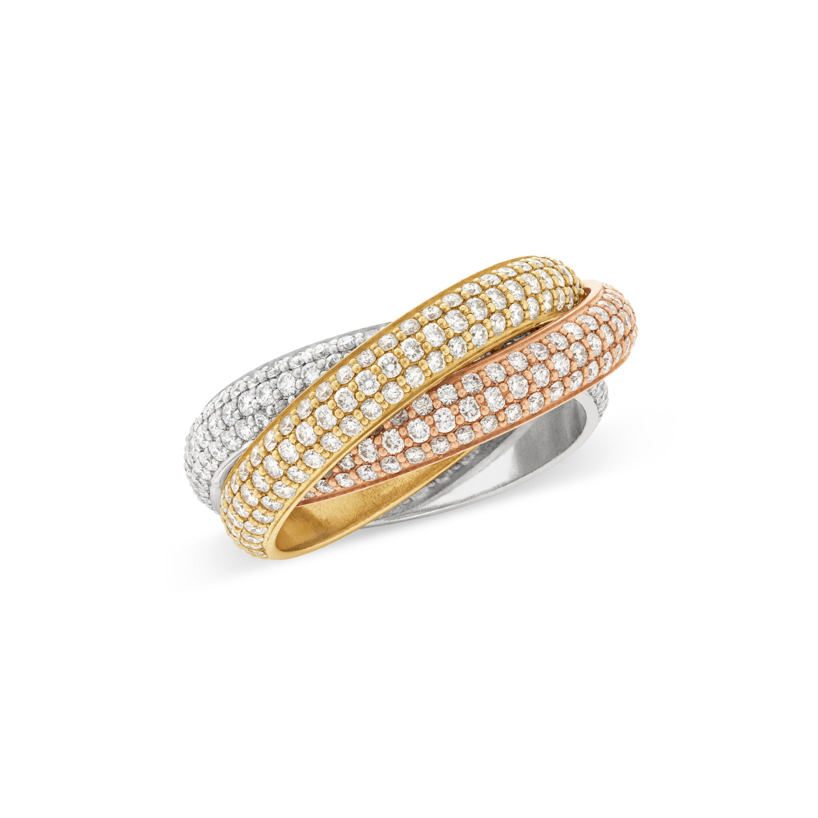 CARTIER DIAMOND AND TRI-COLOR GOLD ‘TRINITY' RING: Details Designed as three interlocking tri-colored gold rings, round diamonds, 18k yellow, rose and white gold, signed Cartier, numbered Diamonds: approximately 441 round with an approximate total wei