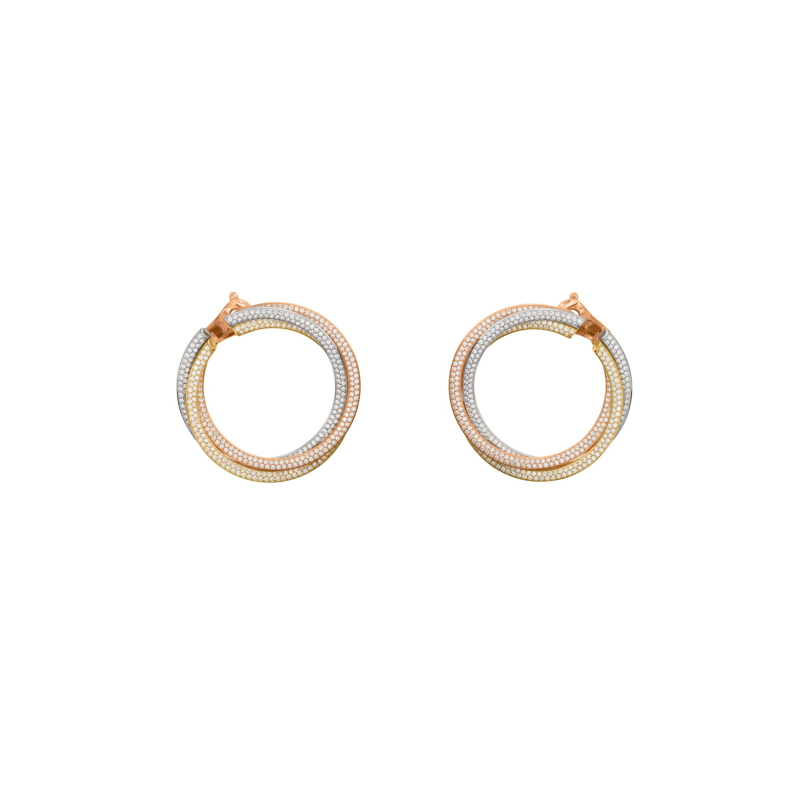 CARTIER DIAMOND AND TRI-COLOR GOLD 'TRINITY' HOOP EARRINGS: Details Round diamonds, 18k yellow, rose and white gold, signed Cartier, numbered Diamonds: approximately 770 round with approximate total weight of 5.00 - 5.50 carats Size/Dimensions: 4.1 x 4.1 cm (1