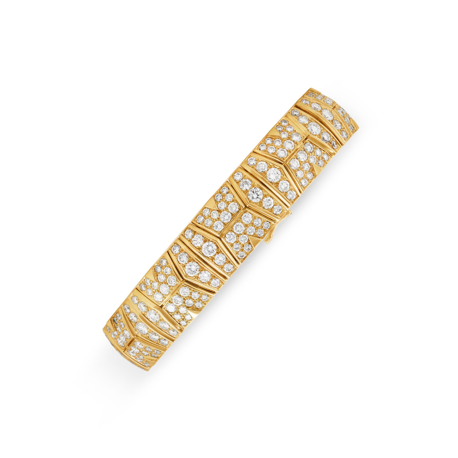 CARTIER DIAMOND 'RIVOLI' BRACELET: Details Round diamonds, 18k yellow gold (French mark), signed Cartier, maker's mark, numbered Diamonds: approximately 298 round with approximate total weight of 10.00 - 12.00 carats Size/Dimensions: 1