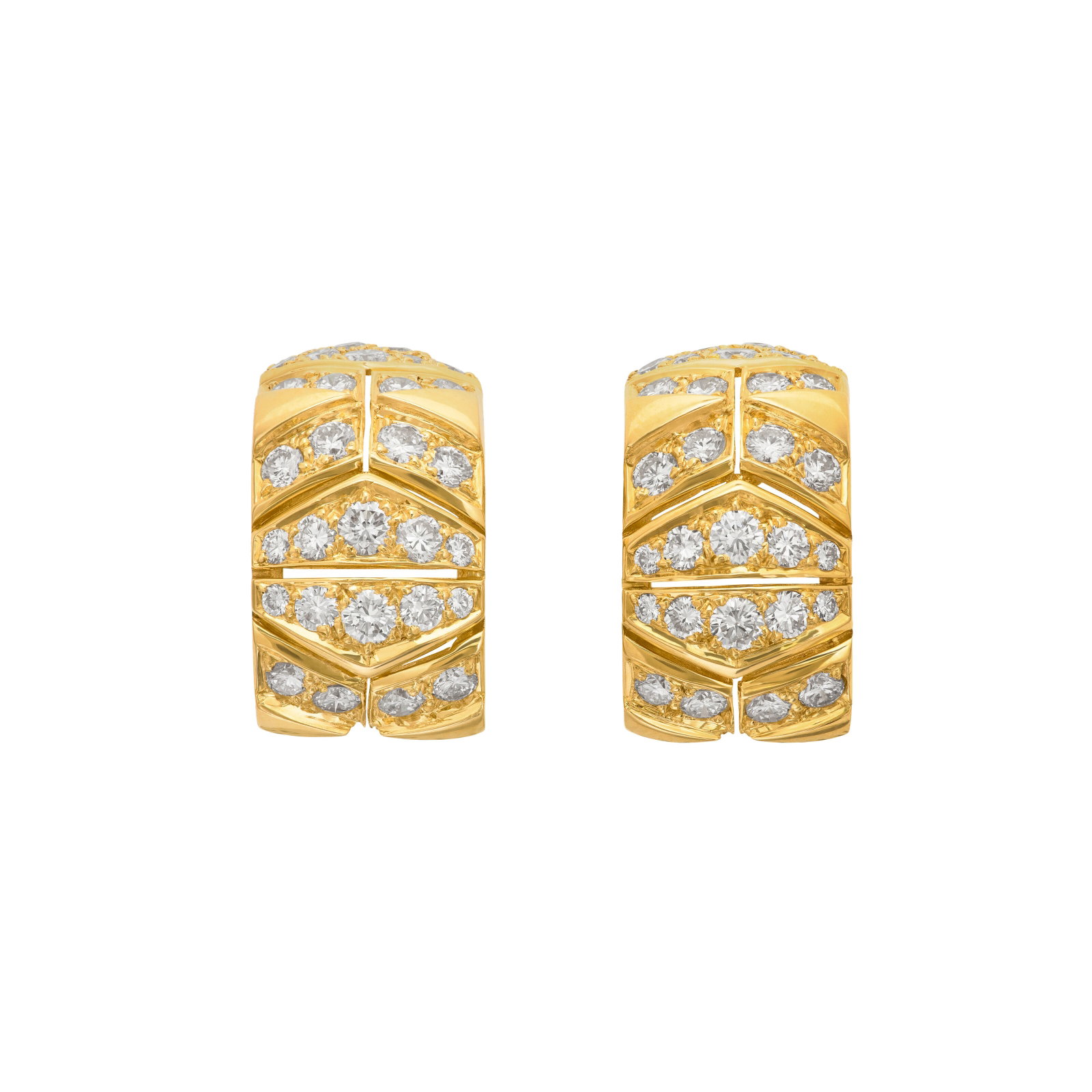 CARTIER DIAMOND AND GOLD 'RIVOLI' EARRINGS: Details Round diamonds, 18k yellow gold (French marks), signed Cartier, numbered Diamonds: approximately 68 round with an approximate total weight of 2.80 - 3.00 carats Size/Dimensions: 2.2 cm (7̺