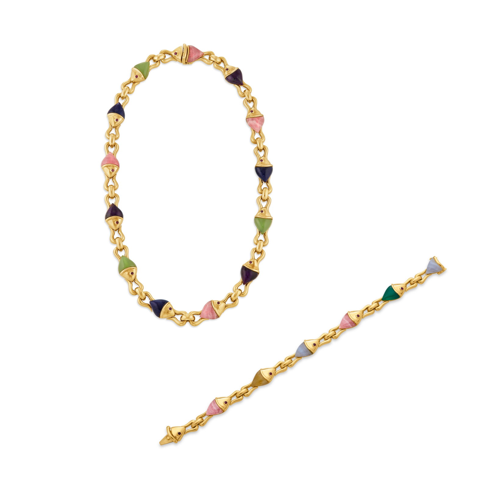 BULGARI SET OF MULTI-GEM AND GOLD ‘NATURALIA' JEWELRY: Details Designed as fish motifs, triangular cabochons of various colored stones including lapis lazuli, sugilite, chrysoprase, rhodochrosite, blue lace agate, yellow chalcedony and purple hardstone, r