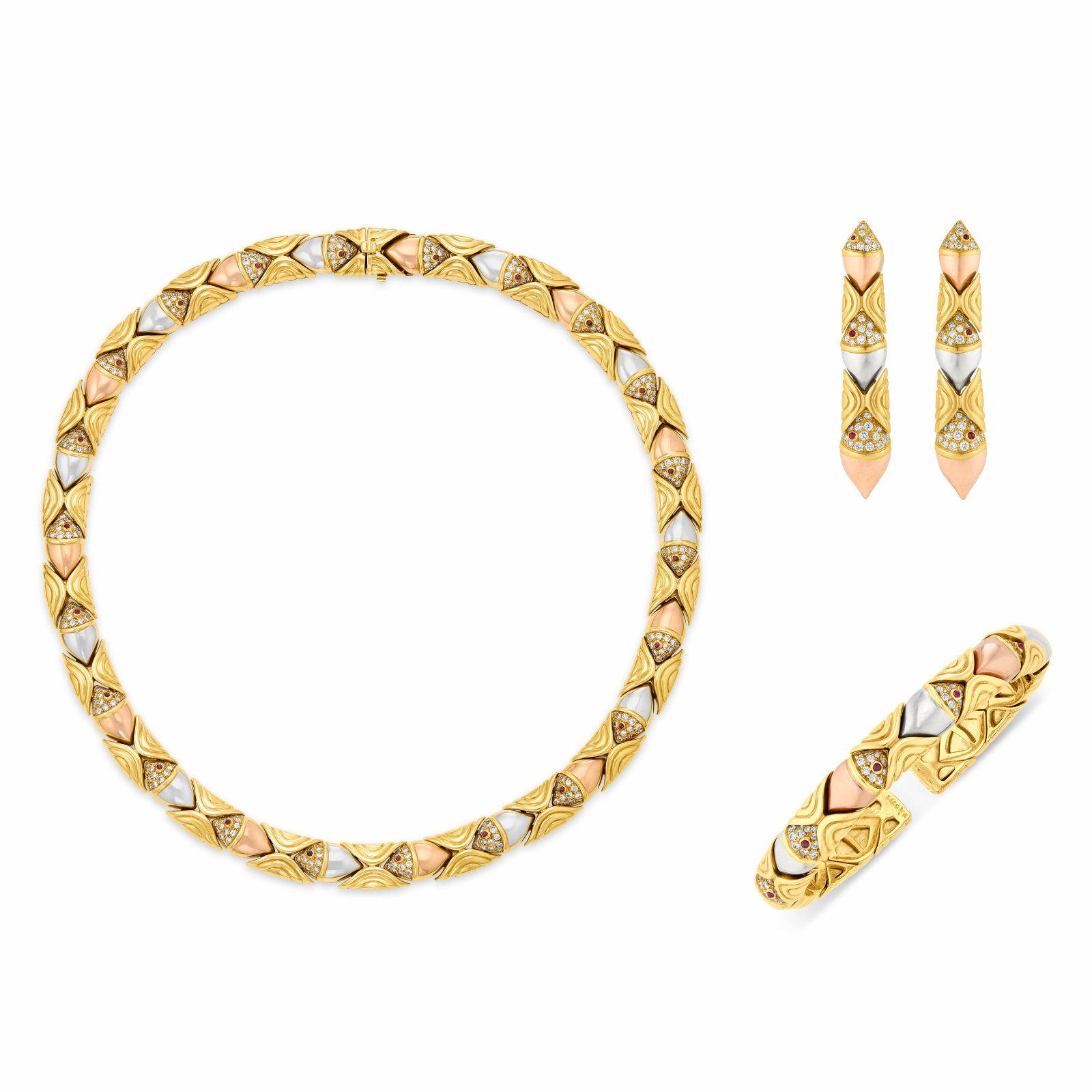 BULGARI SUITE OF RUBY, DIAMOND AND TRI-COLOR GOLD ‘NATURALIA' JEWELRY: Details Designed as fish motifs, round ruby cabochons, round diamonds, 18k yellow, rose and white gold (Italian marks), each signed Bvlgari, cuff bracelet numbered Diamonds (necklace): 286 round with 
