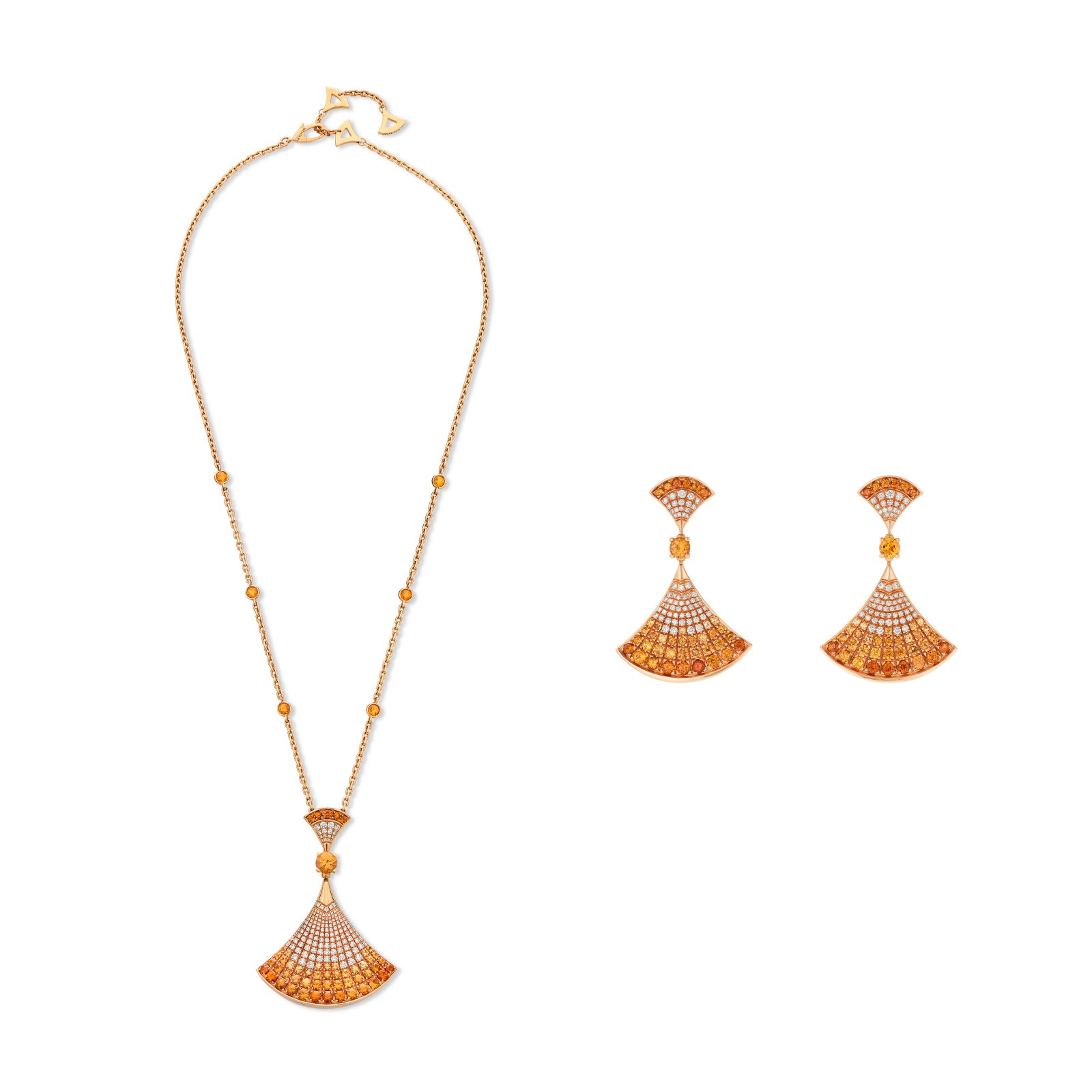 BULGARI SET OF ORANGE GARNET AND DIAMOND 'DIVAS' DREAM' JEWELRY: Details Round oranges garnets and diamonds, 18k rose gold (Italian marks), each signed Bvlgari, earrings numbered, Made in Italy Diamonds: approximately 230 round with an approximate total weight of 1