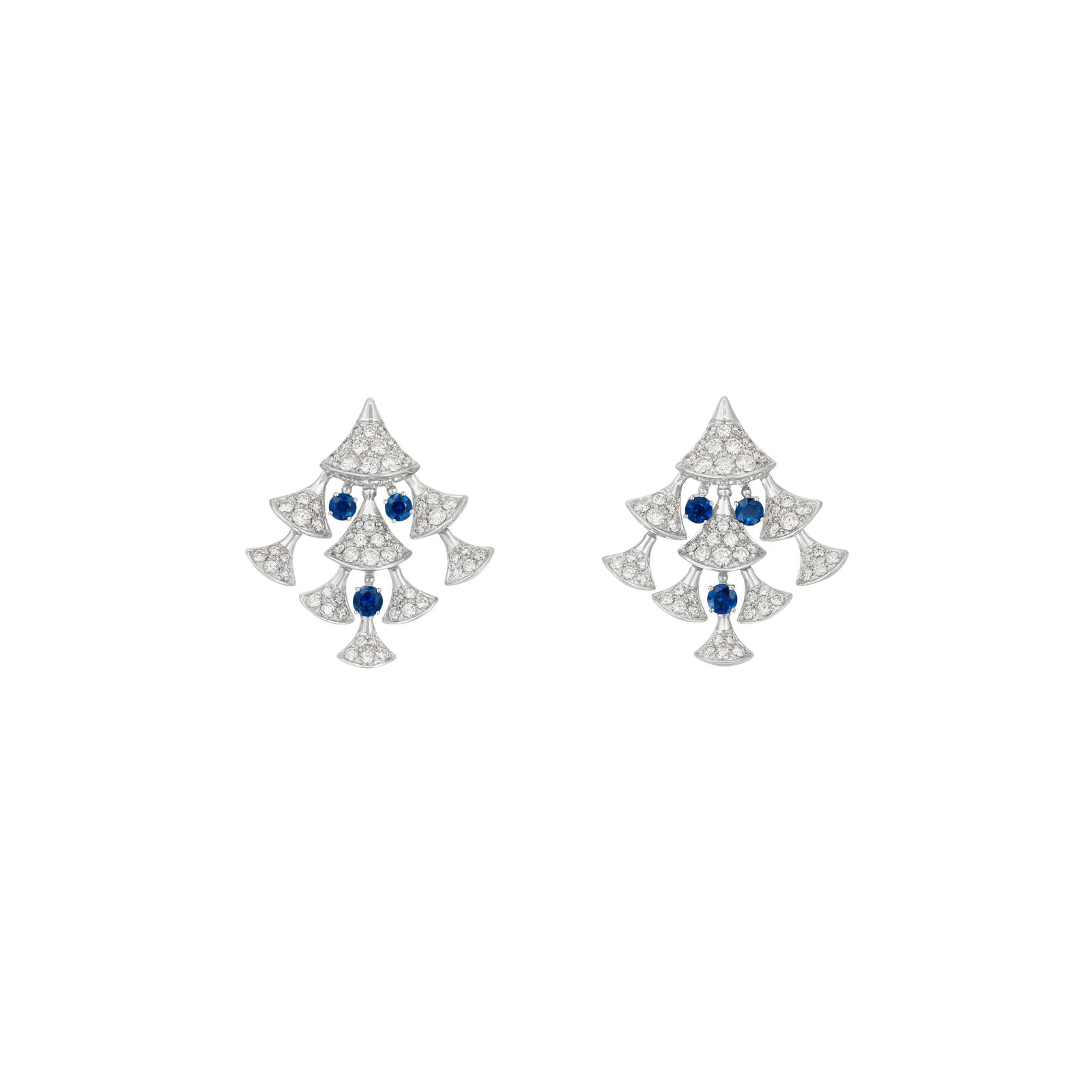 BULGARI SAPPHIRE AND DIAMOND 'DIVAS' DREAM' EARRINGS: Details Round sapphires and diamonds, 18k white gold (Italian marks), signed Bvlgari, Made in Italy, numbered Diamonds: approximately 118 round with approximate total weight of 3.50 - 4.00 carats Size