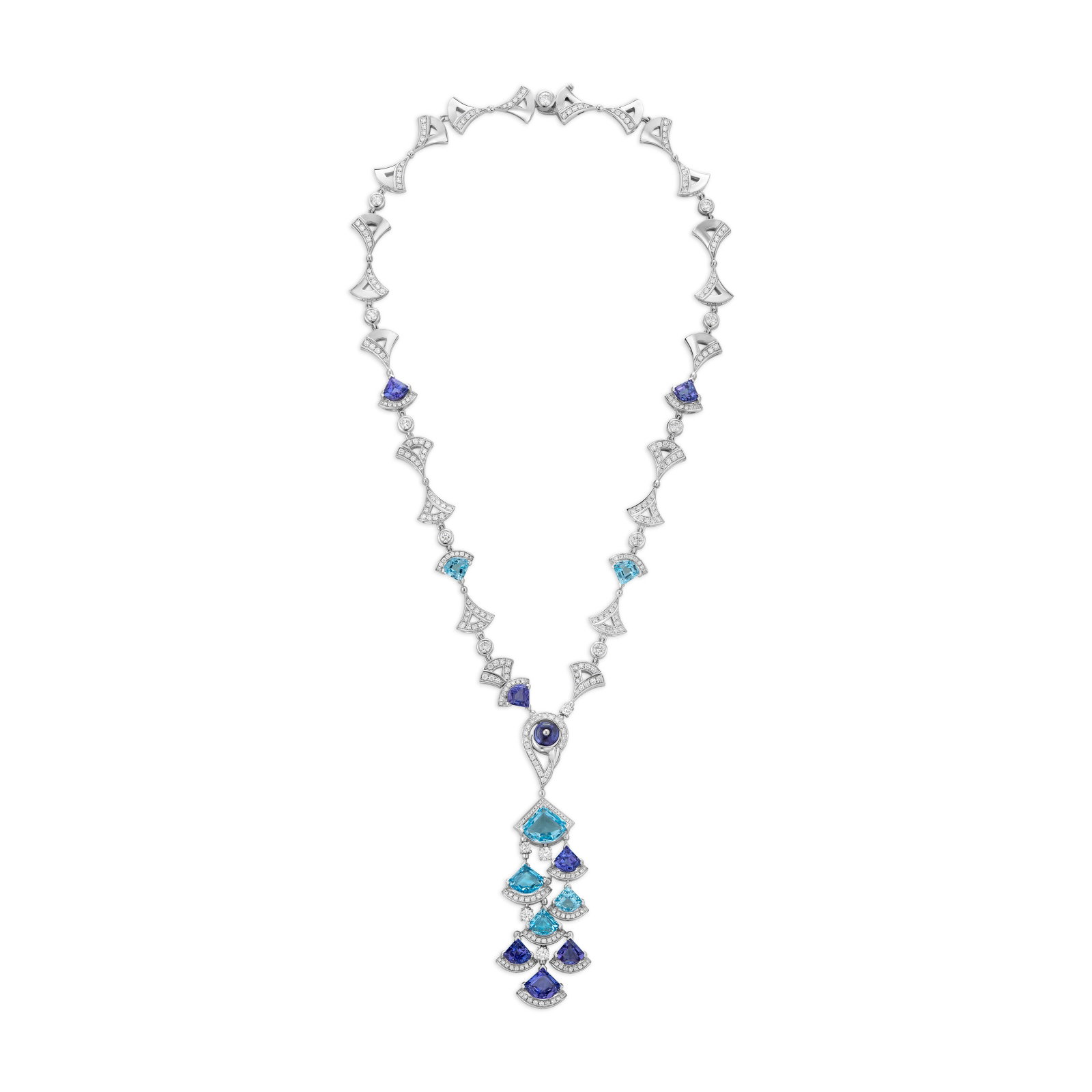 BULGARI TANZANITE, TOPAZ AND DIAMOND 'DIVAS' DREAM' NECKLACE: Details Fan-shaped tanzanite and topaz, round tanzanite bead, round diamonds, 18k white gold, signed Bvlgari, Made In Italy, numbered Diamonds: approximately 308 round with an approximate total weight