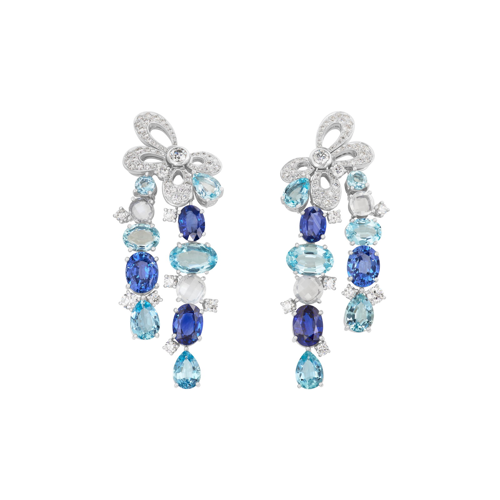 BULGARI DIAMOND, SAPPHIRE, AQUAMARINE AND MOONSTONE EARRINGS: Details Round diamonds, oval-shaped sapphires, oval and pear-shaped aquamarines, round rose-cut moonstones, 18k white gold (Italian marks), signed Bvlgari, Made In Italy, numbered Diamonds: approximat
