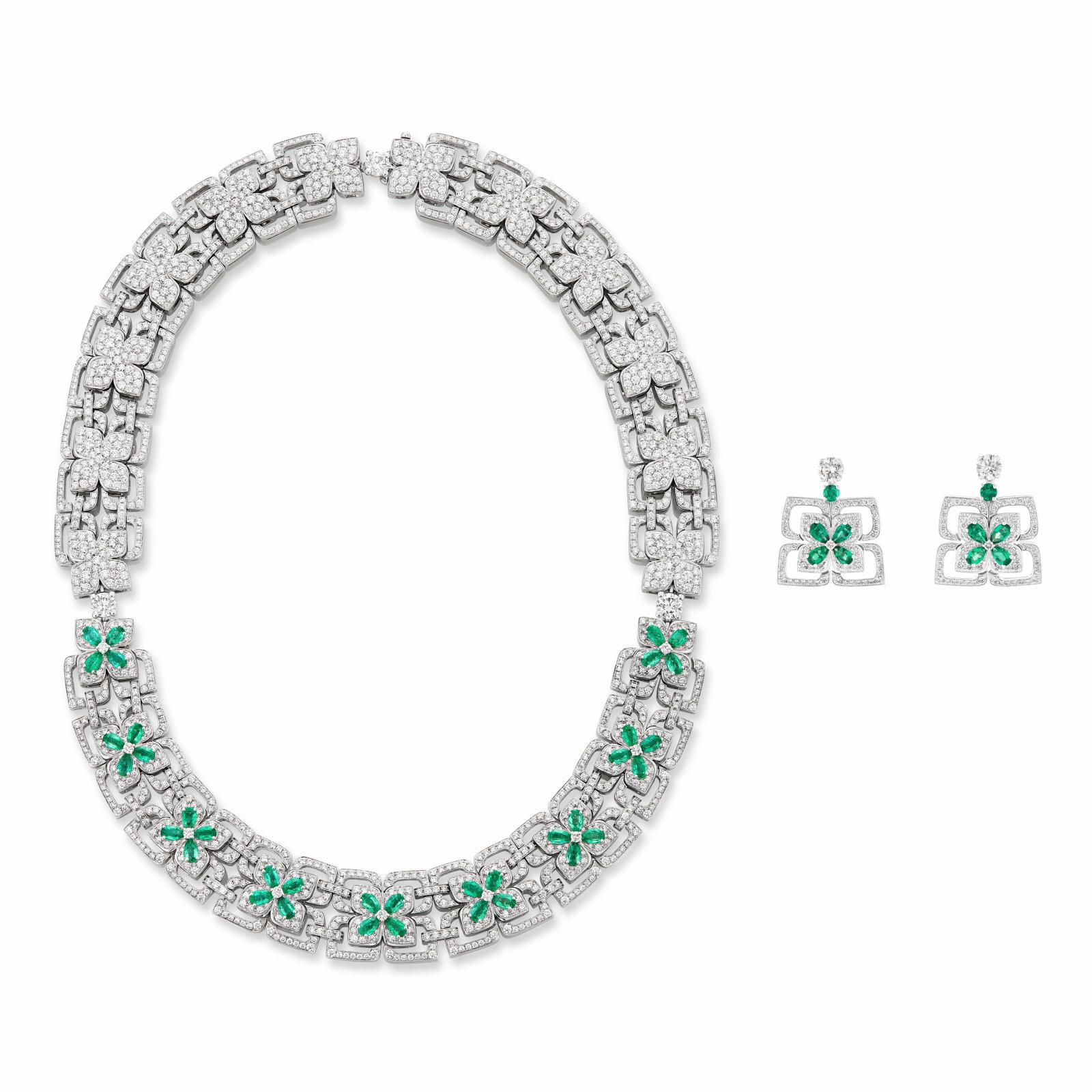 BULGARI SET OF EMERALD AND DIAMOND JEWELRY: Details Pear and round emeralds, round diamonds, 18k white gold (each with Italian mark), each signed Bvlgari, Made in Italy, each numbered Diamonds (necklace): approximately 1,650 round with approxim