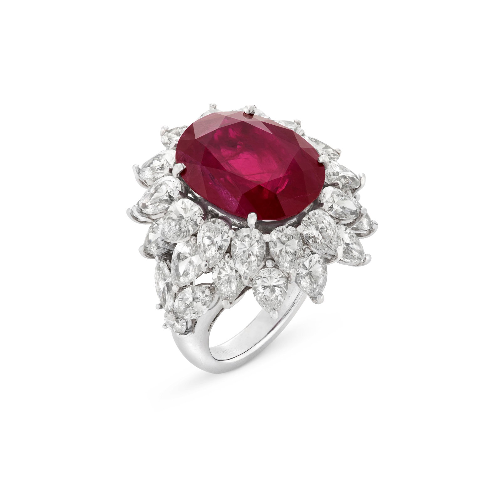 RUBY AND DIAMOND RING: Details Oval mixed-cut ruby of 12.58 carats, pear, marquise and round diamonds, platinum AGL, 2026, report no. 1155485: 12.58 carats, Burma, heat enhancement, moderate amount of heating residues Diamo