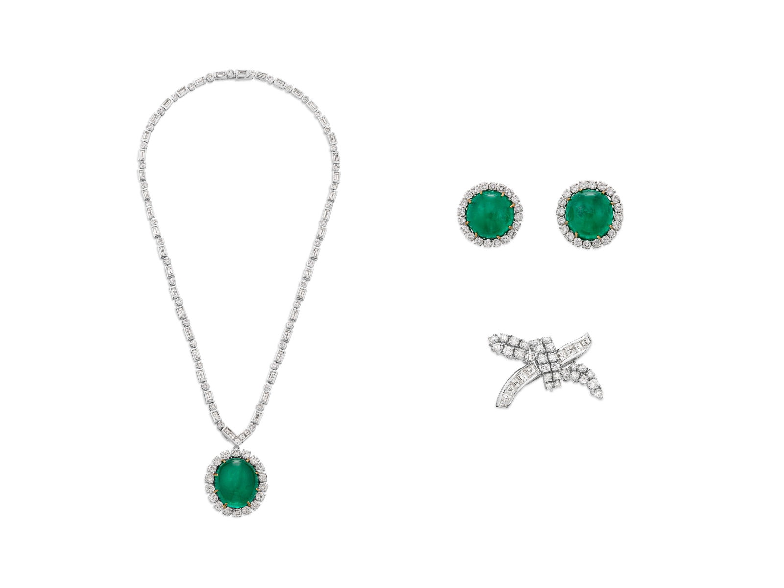 GROUP OF EMERALD AND DIAMOND JEWELRY: Details Oval cabochon emeralds of 30.43, 30.21 and 27.63 carats, square, baguette and round diamonds, 18k white and yellow gold, necklace signed Andreoli, earrings signed Giovane AGL, 2026, report