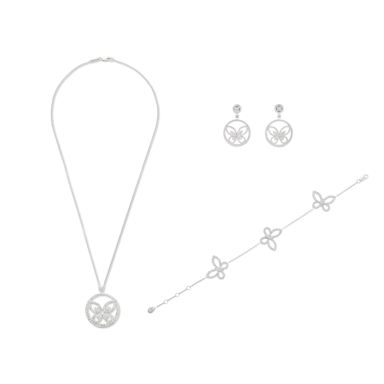 GRAFF SUITE OF DIAMOND BUTTERFLY JEWELRY: Details Round and marquise-shaped diamonds, 18k white gold, each signed Graff, each numbered Diamonds (necklace): approximately 107 round with an approximate total weight of 2.10 - 2.20 carats